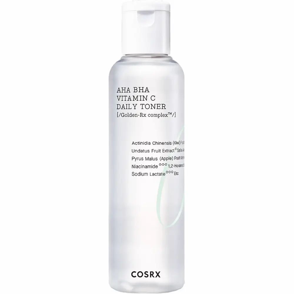 Flacon transparent à bouchon blanc. Inscription : AHA BHA Vitamin C Daily Toner. Marque : COSRX.