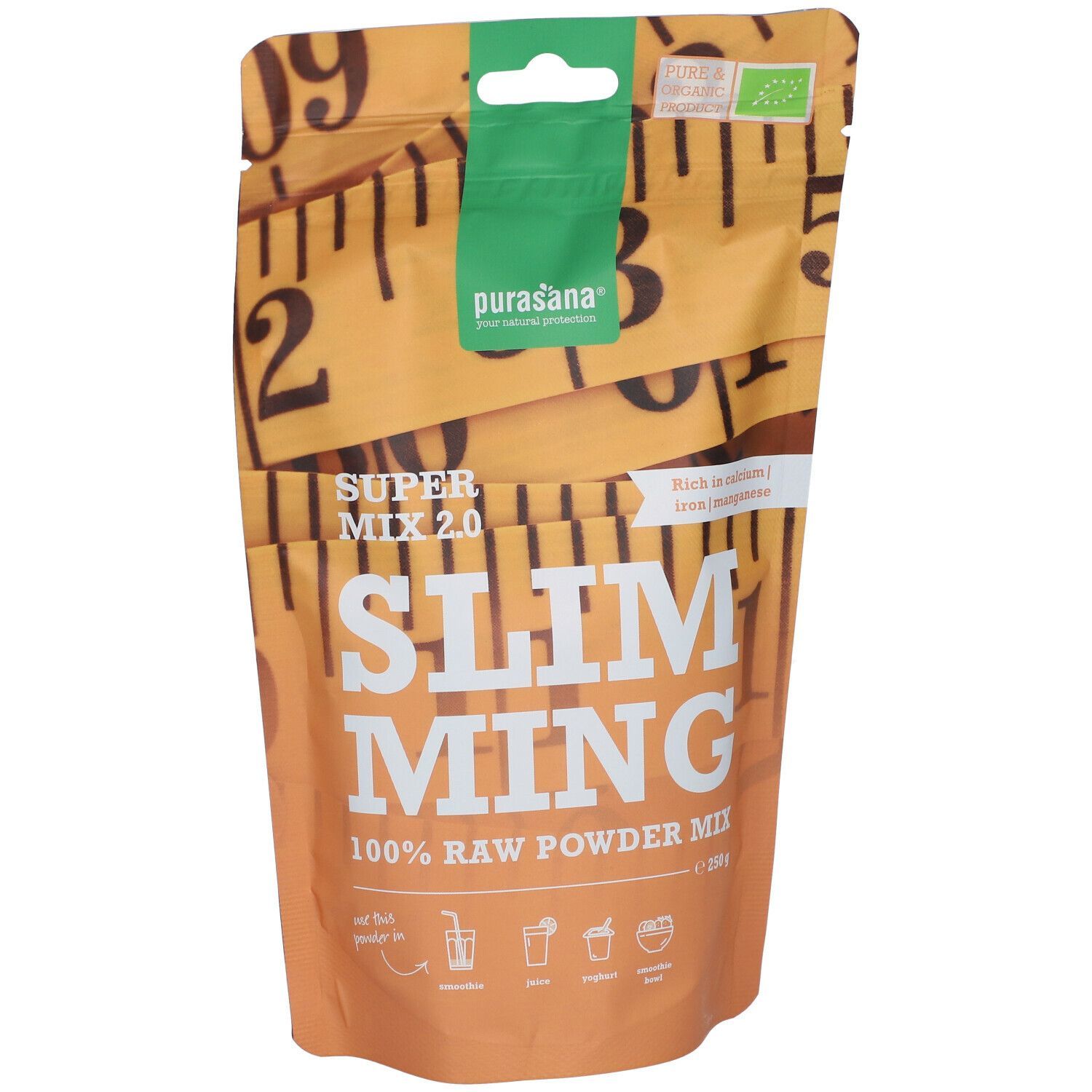 Sachet Purasana Slimming Mix 2.0, marron-blanc, texte et logo. Label bio. Vue de face.