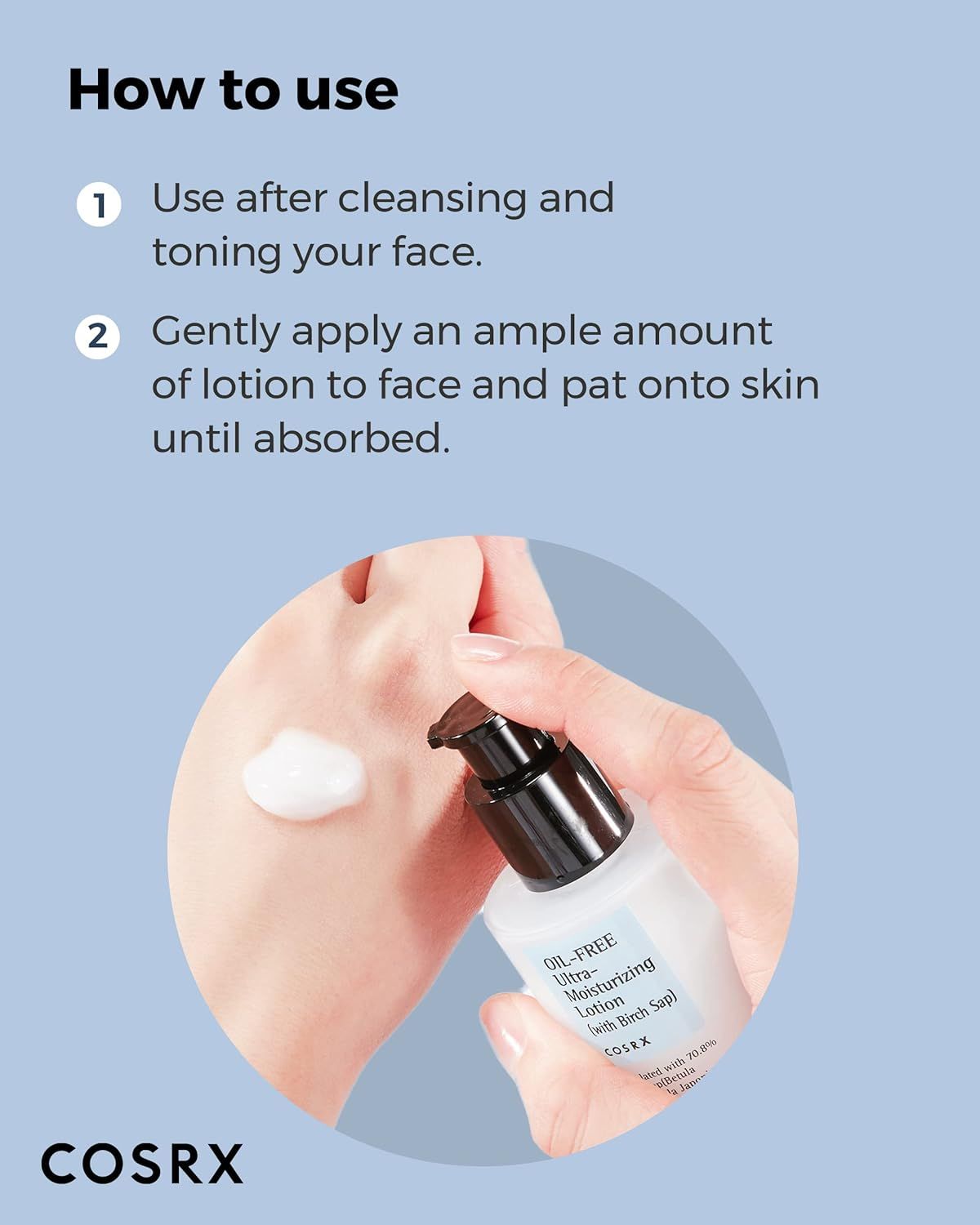 Instructions d'utilisation : 'Use after cleansing and toning your face.', 'Gently apply an ample amount of lotion to face and pat onto skin until absorbed.'