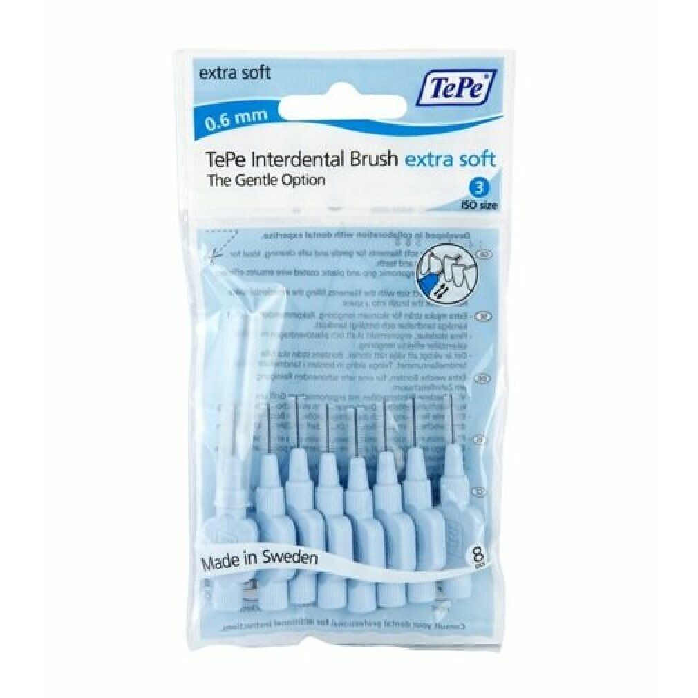 Paquet de brosses interdentaires TePe bleues. Extra Soft, 0,6 mm, 8 pièces. Inscription: The Gentle Option.
