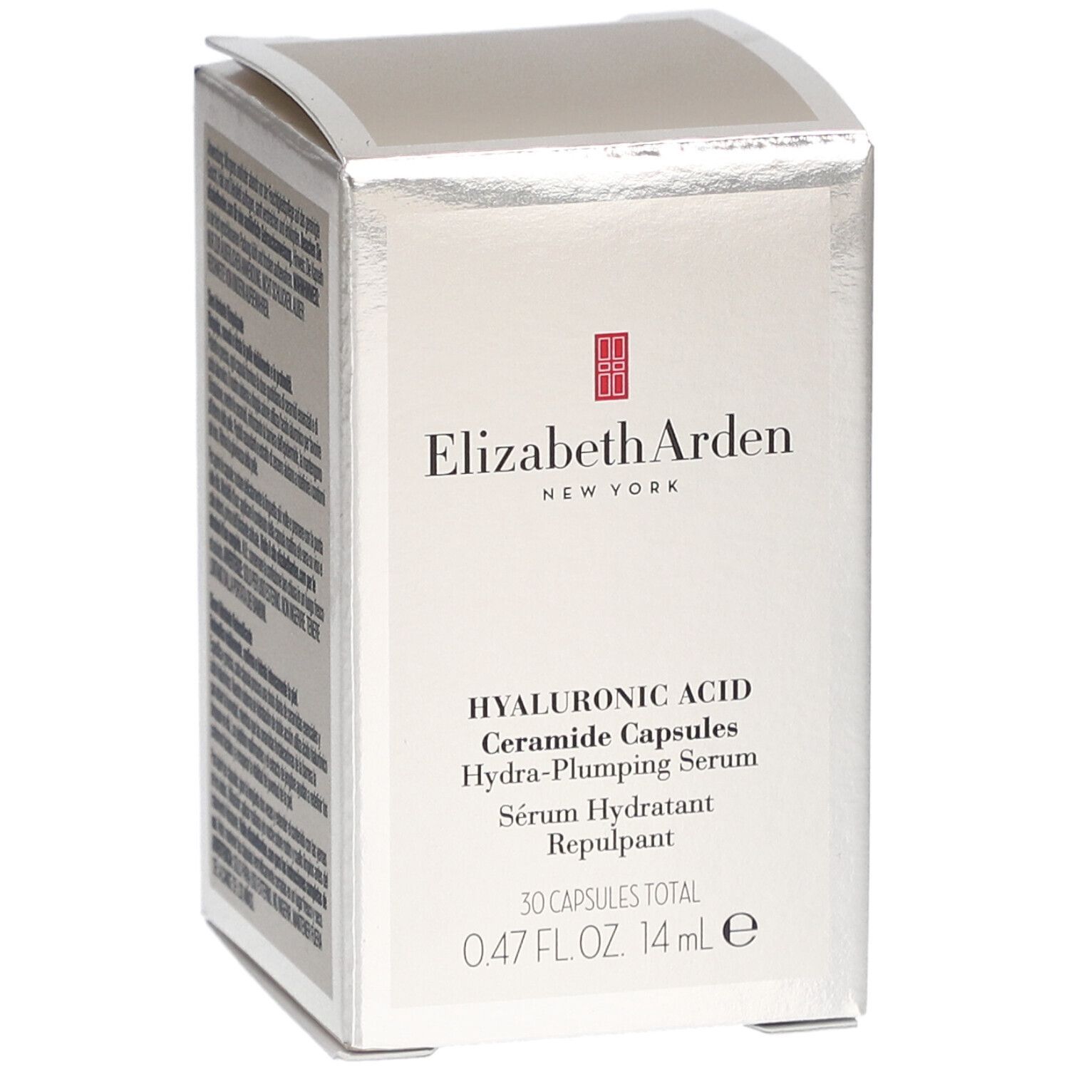 Boîte argentée avec texte. Elizabeth Arden, capsules de céramides à l'acide hyaluronique. 0,47 FL.OZ. 14 ml.