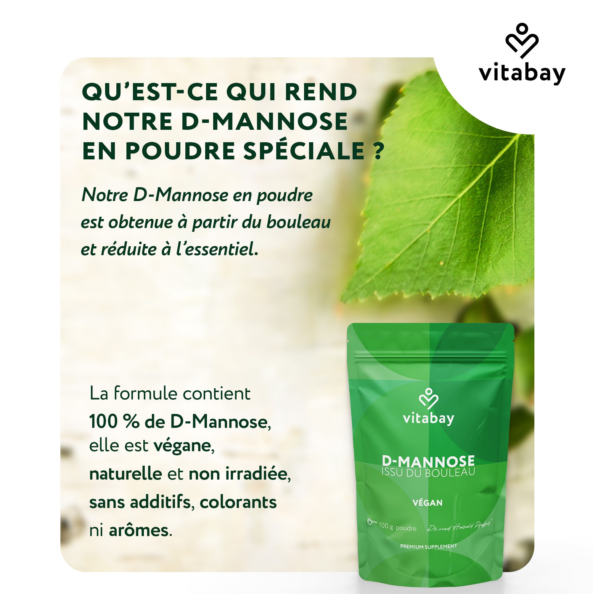 Vitabay D-Mannose de bouleau : pochette avec texte "100g Poudre" et "Vegan".