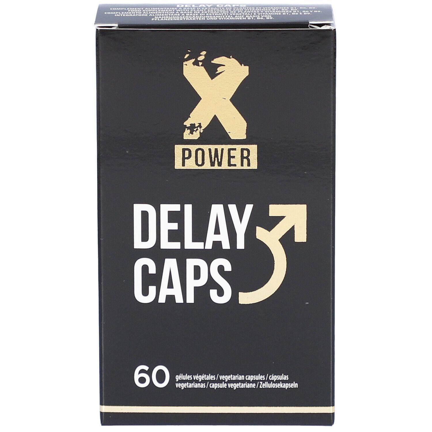 Boîte noire avec "X POWER DELAY CAPS" et 60 gélules. Inscriptions blanches et dorées. Gélules végétales.