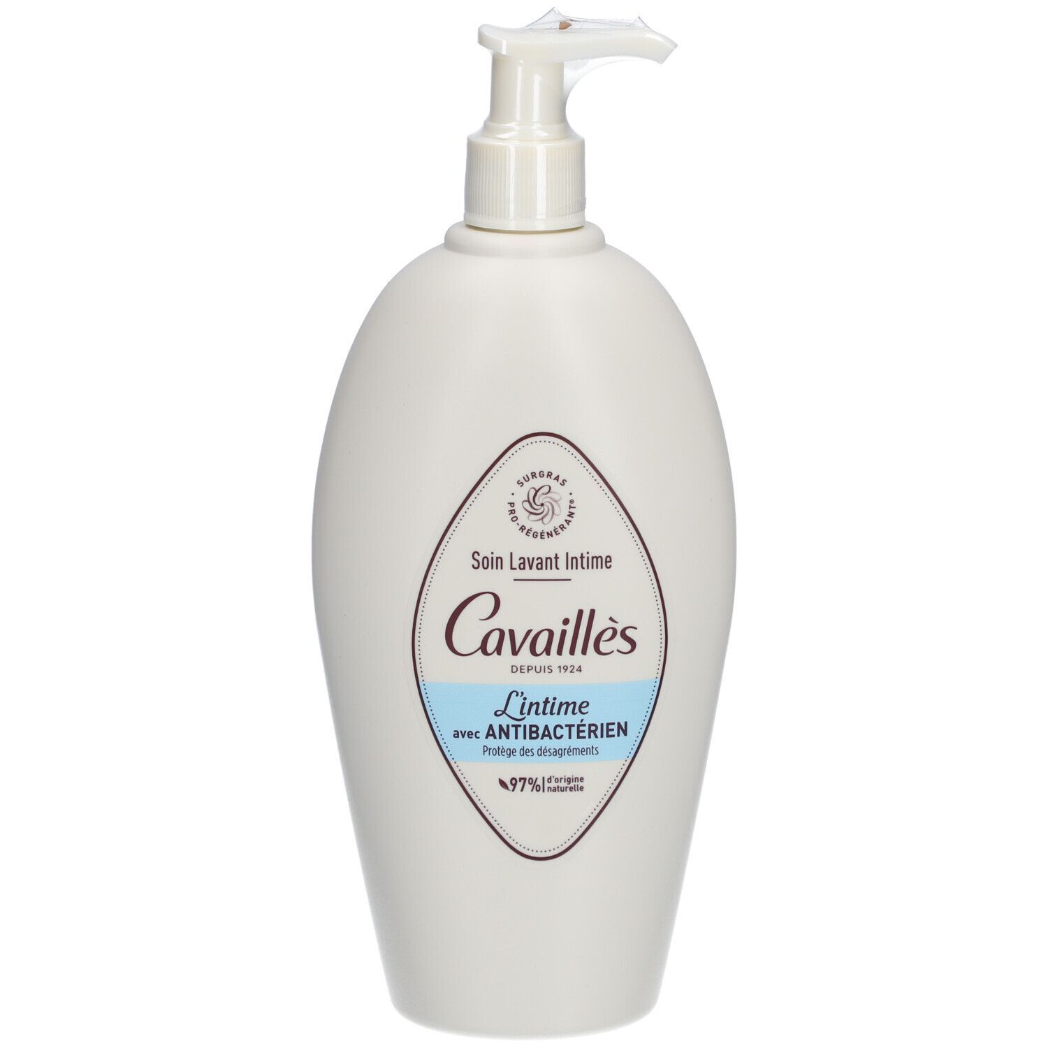 Flacon blanc avec pompe. Inscription: Rogé Cavaillès, soin lavant intime avec antibactérien. Logo 97% ingrédients d'origine naturelle.