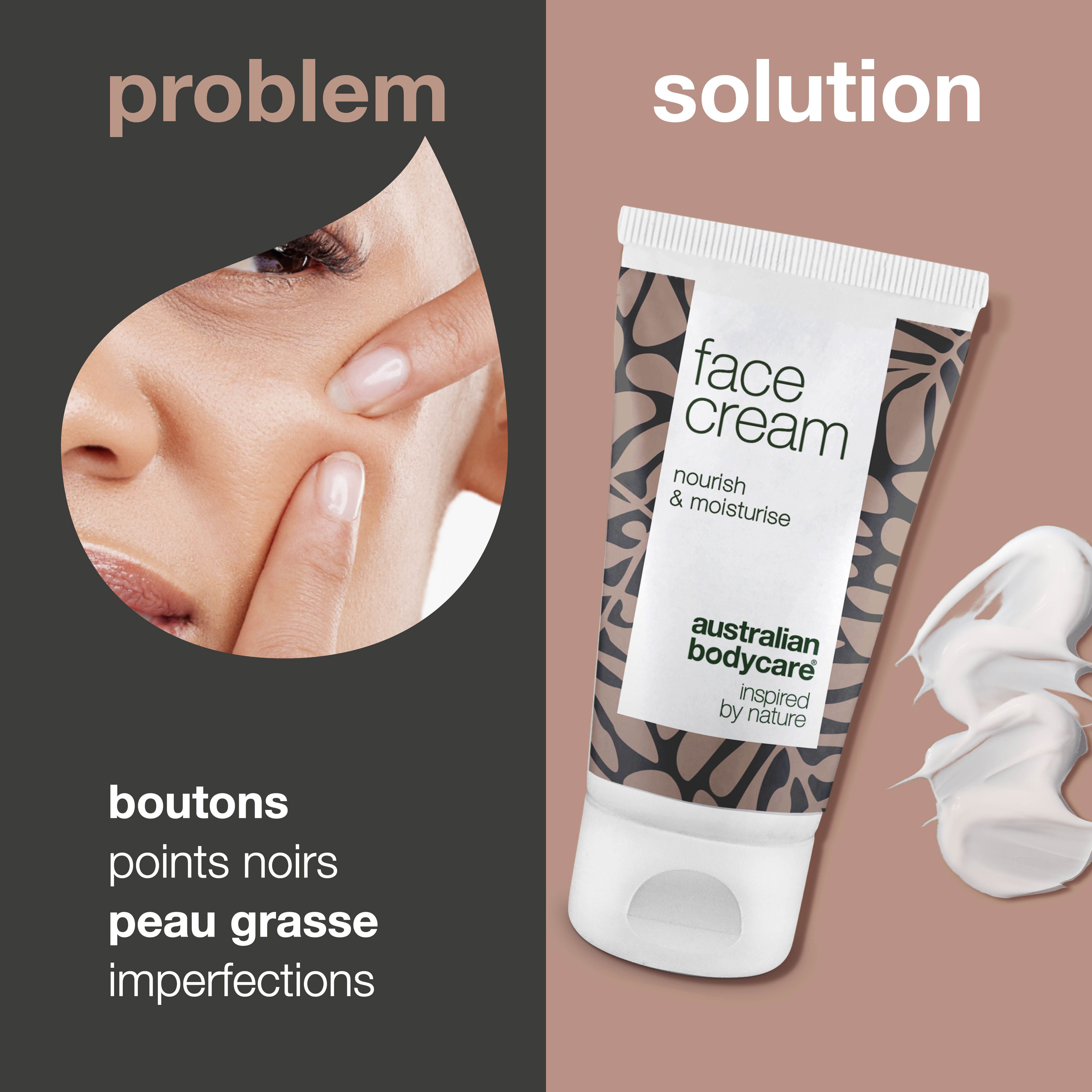 Visage avec boutons à côté d'un tube de crème. Texte : problème, solution. Marque : australian bodycare.