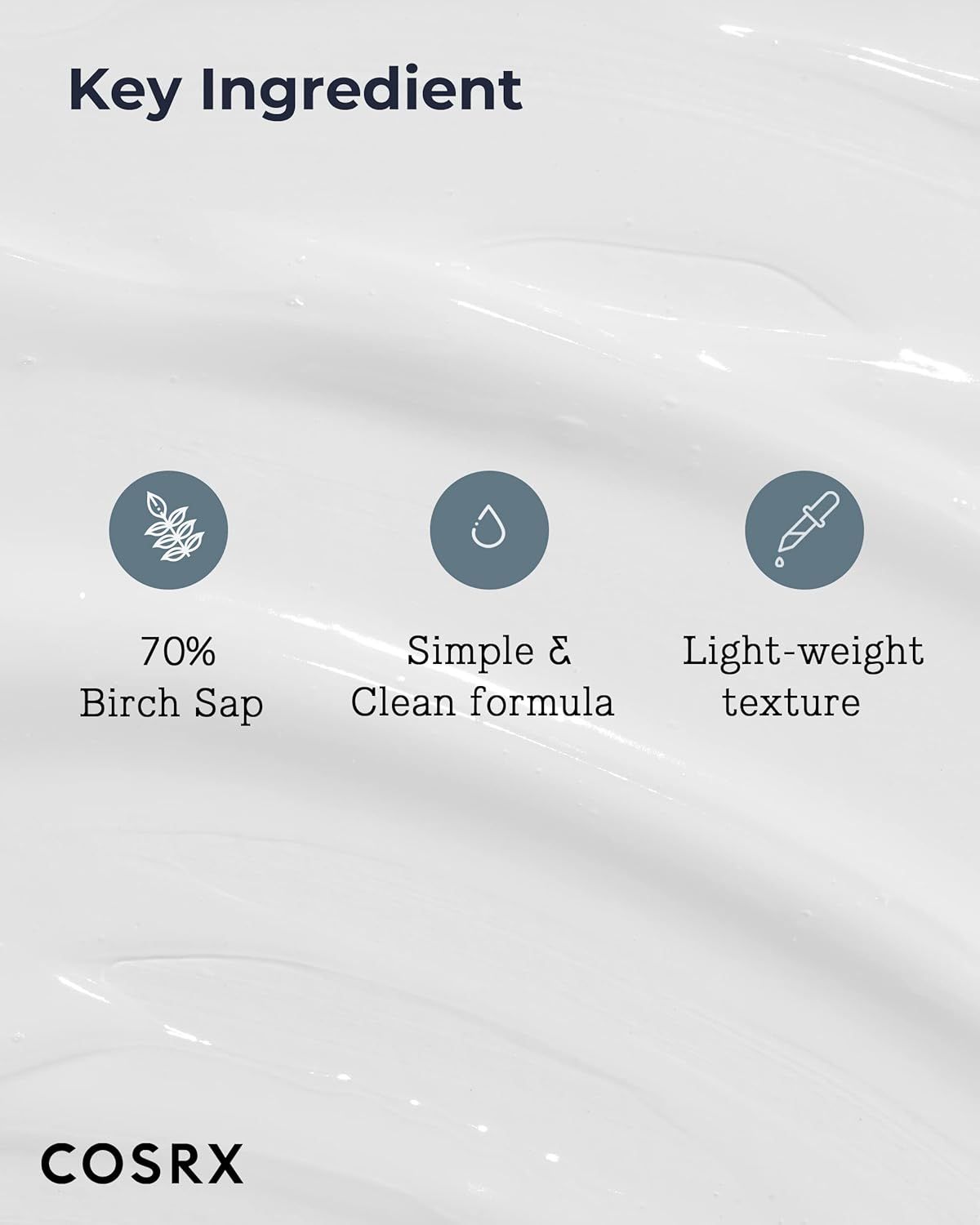 Trois cercles avec icônes : feuille (70% sève de bouleau), goutte (formule simple), pipette (texture légère).