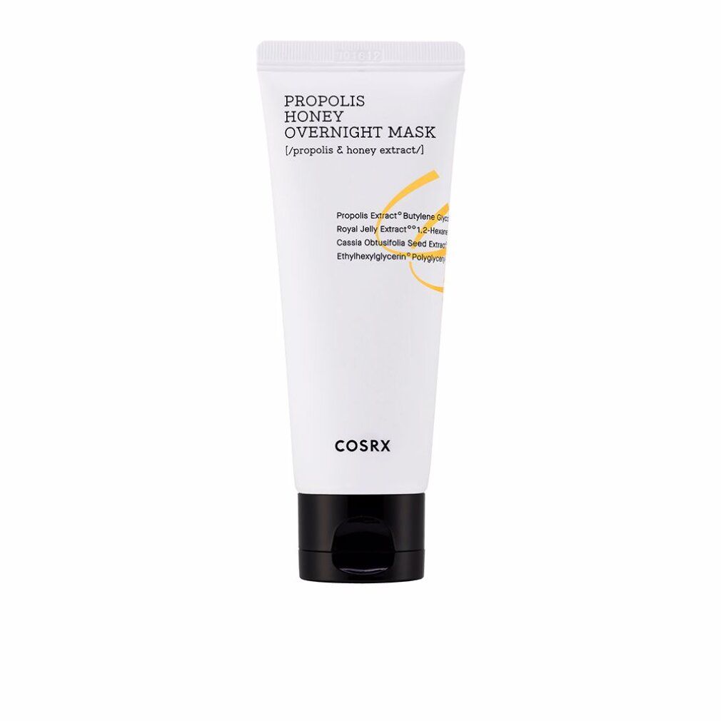 Tube blanc avec bouchon noir à clapet. Texte : "PROPOLIS HONEY OVERNIGHT MASK".