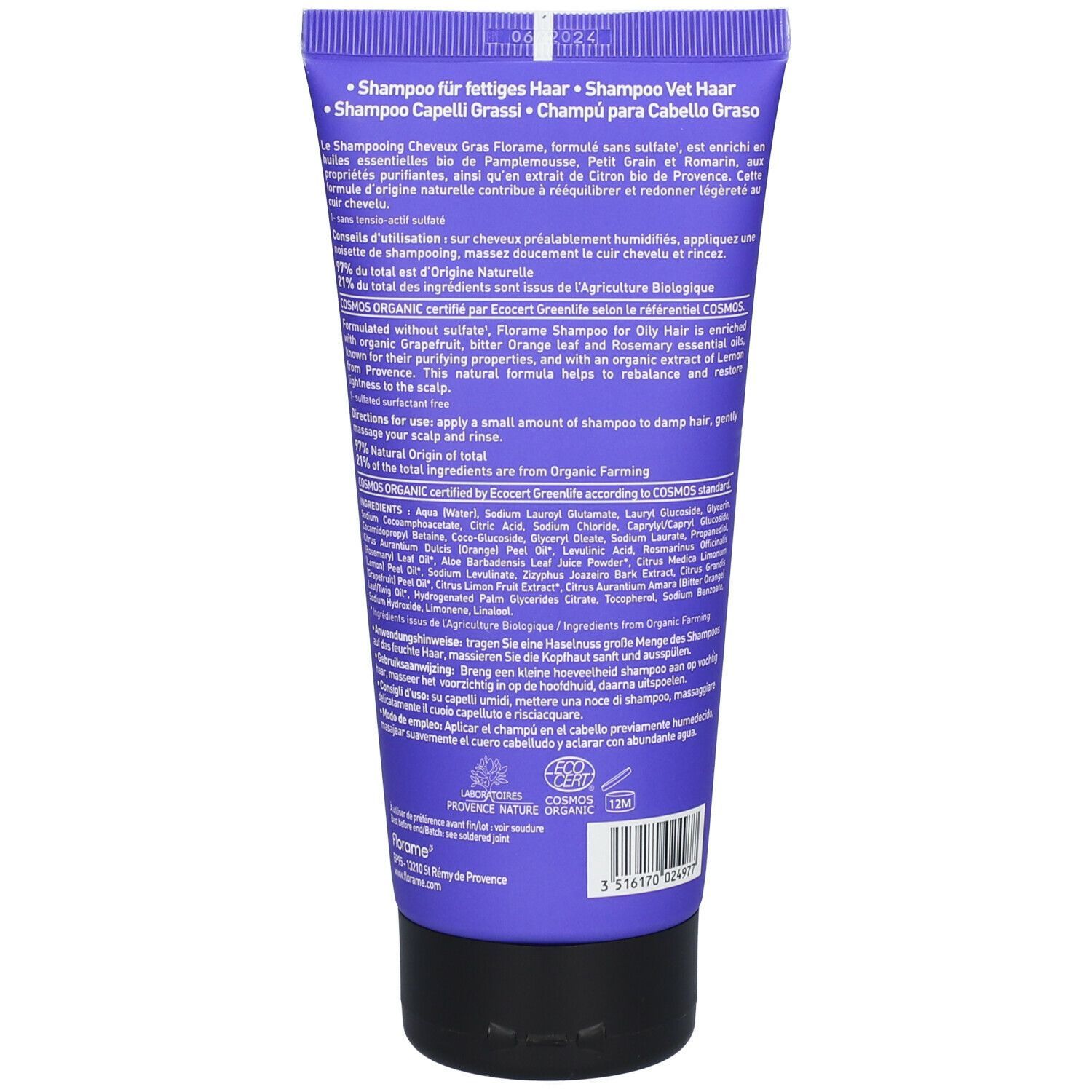 Dos d'un tube violet de shampooing Florame. Texte: "Shampooing Cheveux Gras", ingrédients, certifications et instructions.