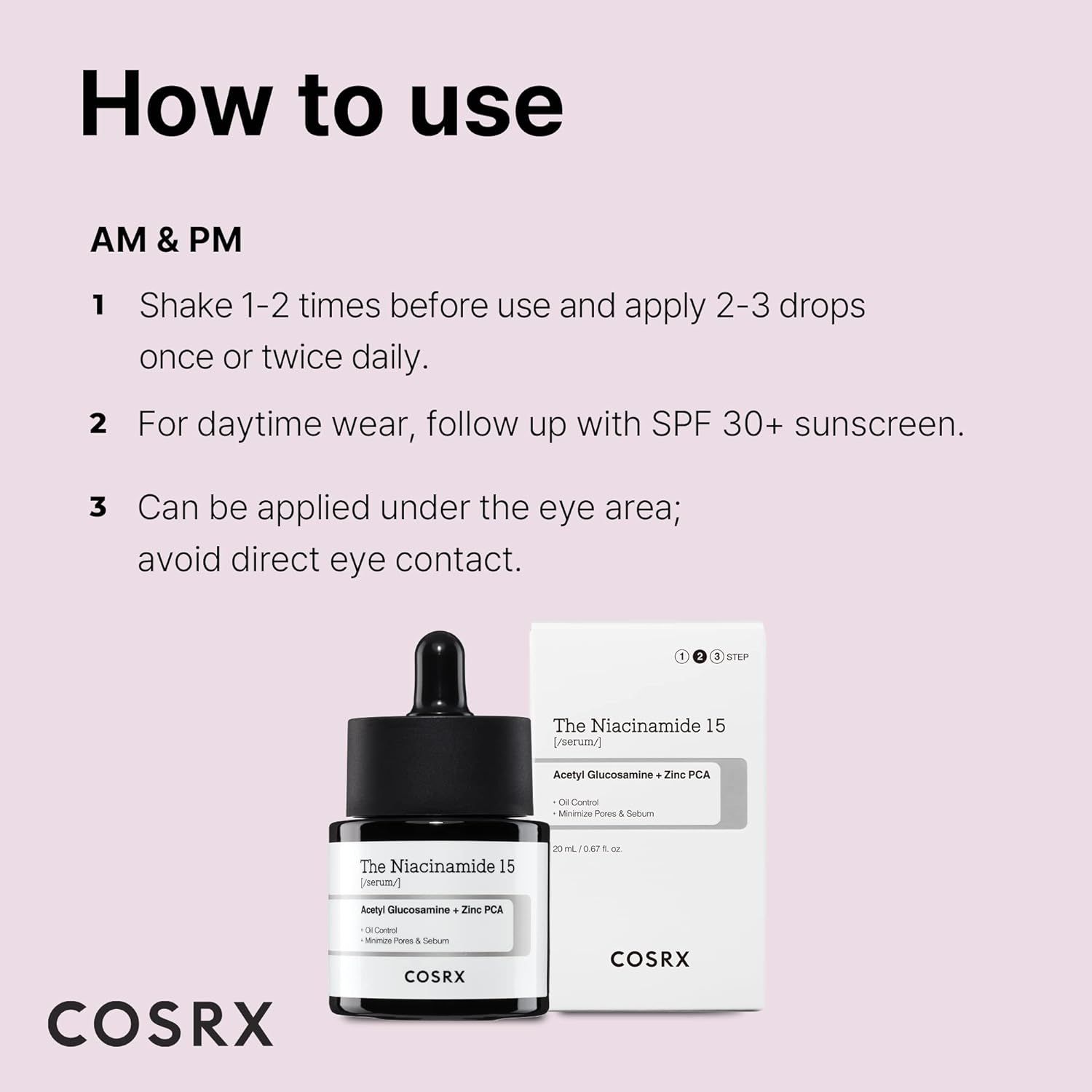 Instructions d'utilisation du sérum COSRX The Niacinamide 15. Flacon et emballage montrés.