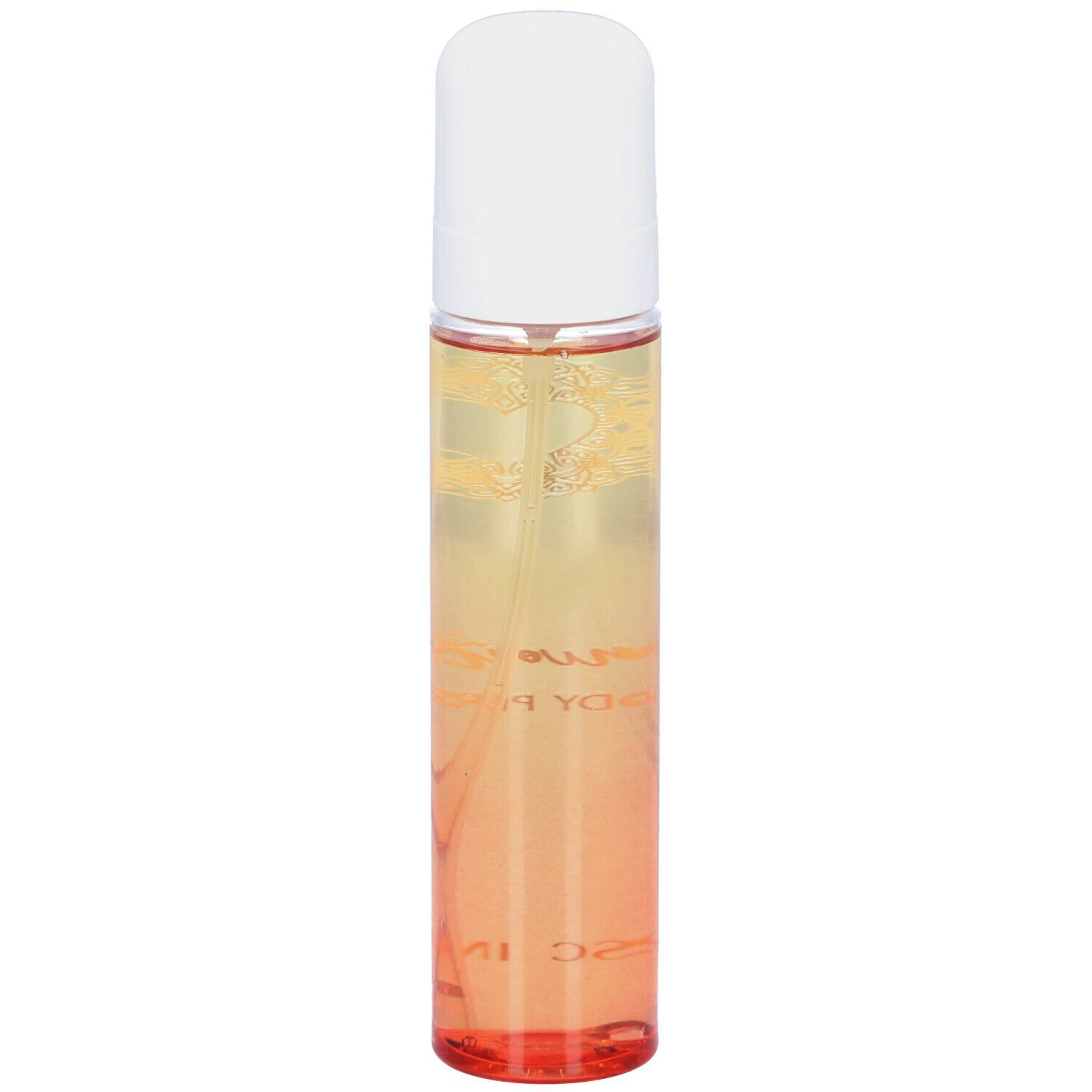 Parfum corporel dans un vaporisateur cylindrique avec bouchon blanc. Dégradé de jaune à orange.
