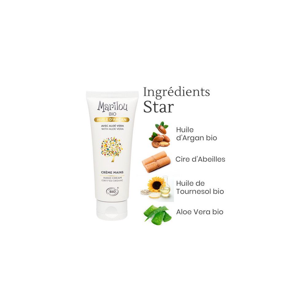Tube blanc de crème pour les mains Marilou Bio avec ingrédients: huile d'argan, cire d'abeille, huile de tournesol, aloe vera. Texte en français.