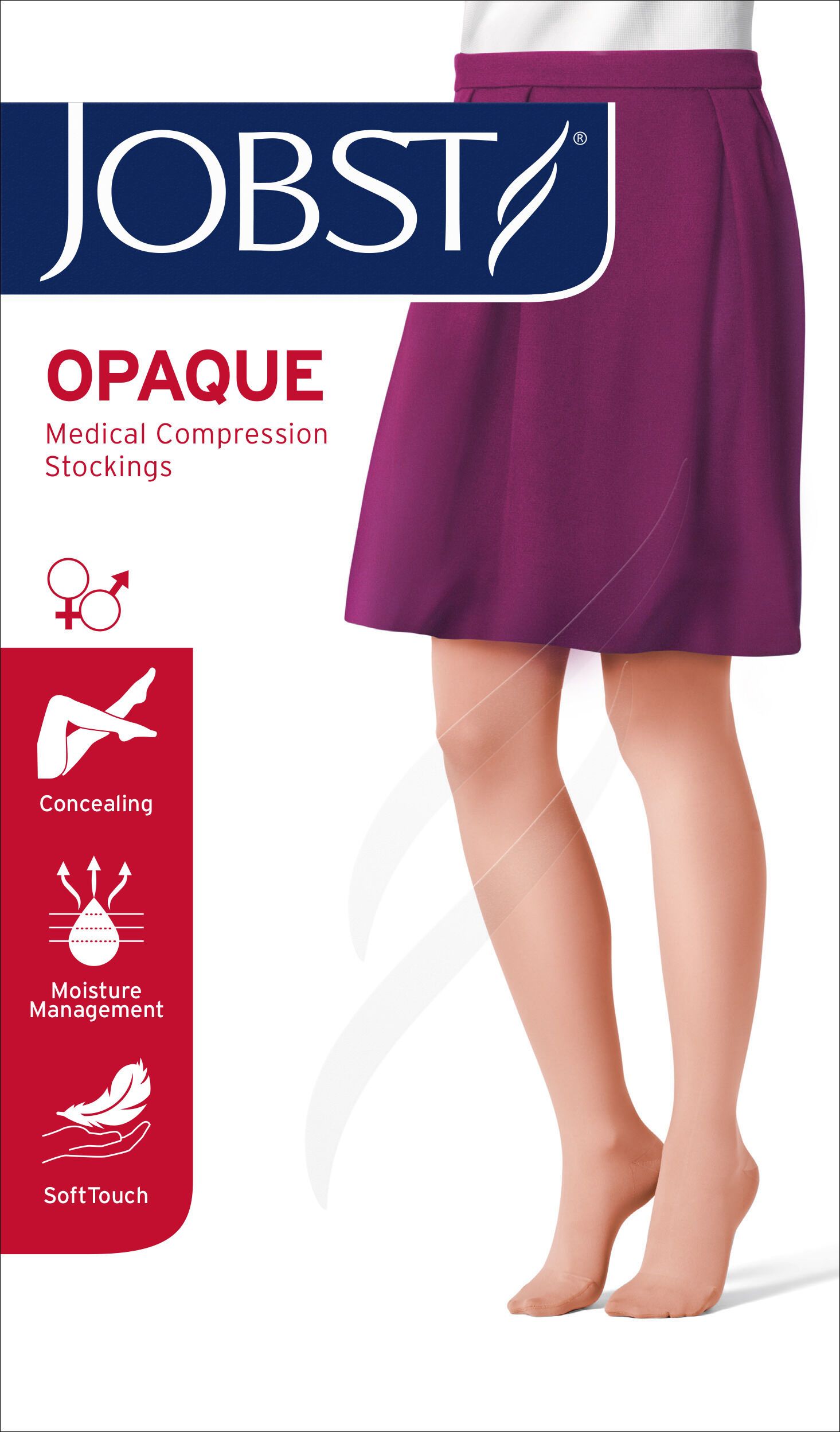 Emballage des bas de compression JOBST Opaque. Informations sur le produit et logos imprimés sur l'emballage.