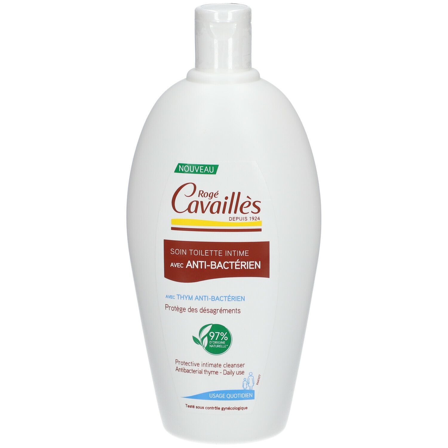 Flacon blanc avec bouchon à clapet. Inscription: Rogé Cavaillès, soin toilette intime avec anti-bactérien. Logo vert et blanc.