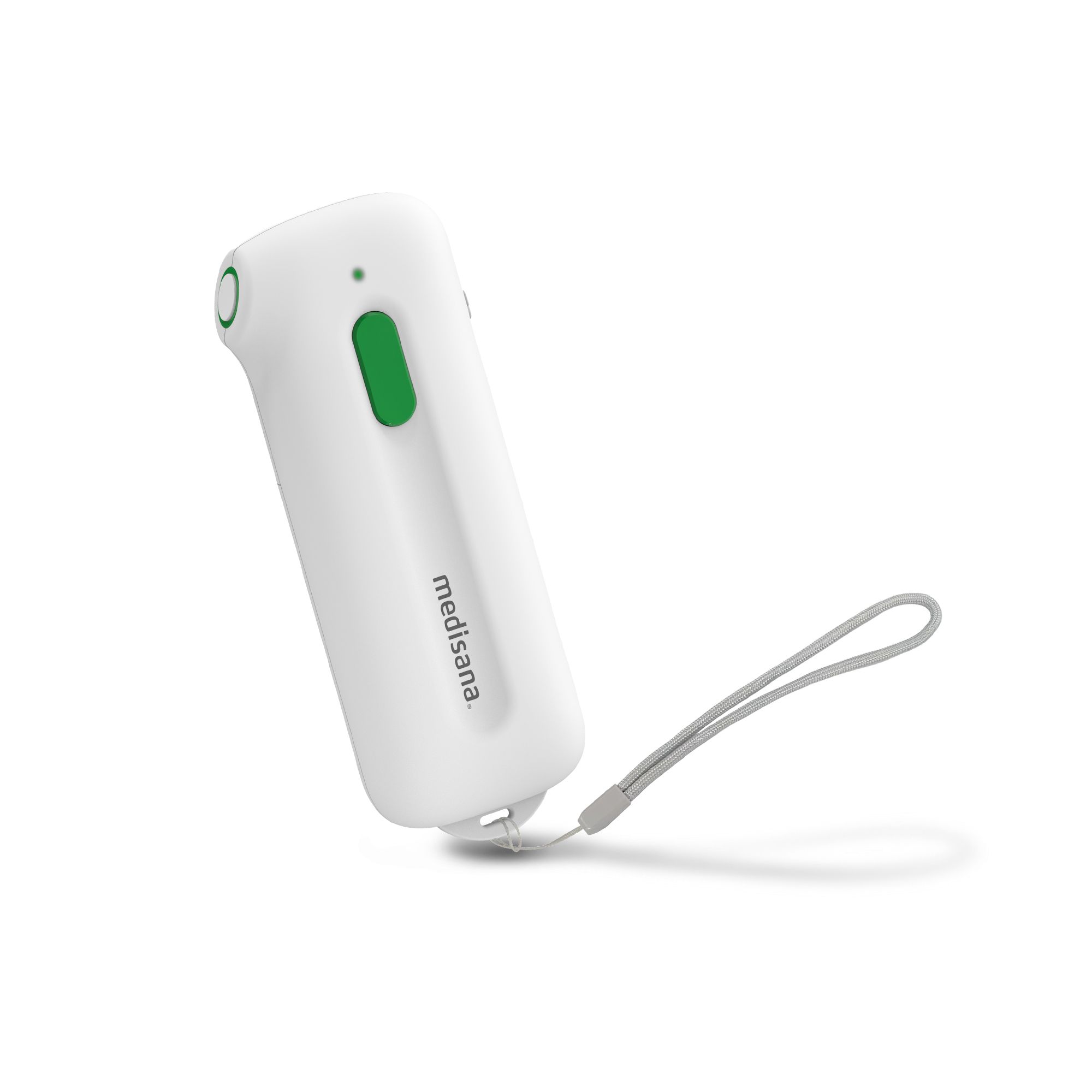 Appareil blanc pour piqûres d'insectes, bouton vert, lanière. Marque : medisana.