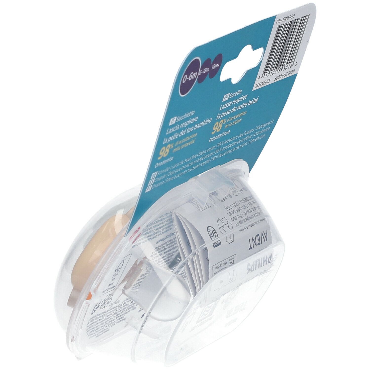 Emballage avec deux sucettes. Inscription: PHILIPS AVENT, Ultra Air, 0-6 mois. Une sucette est visible.