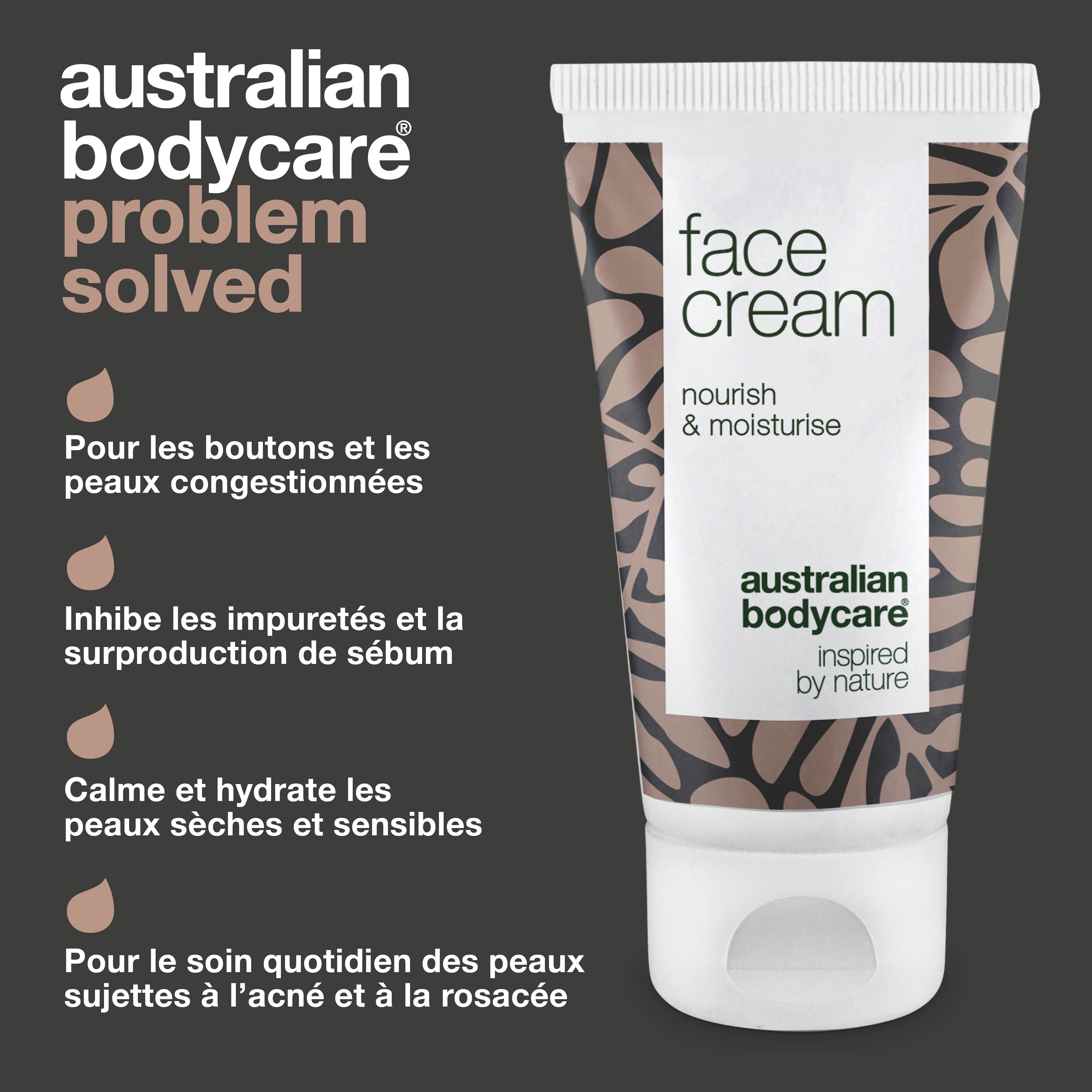 Tube de crème pour le visage. Texte : problème résolu. Marque : australian bodycare. Texte : pour le soin quotidien des peaux à problèmes.