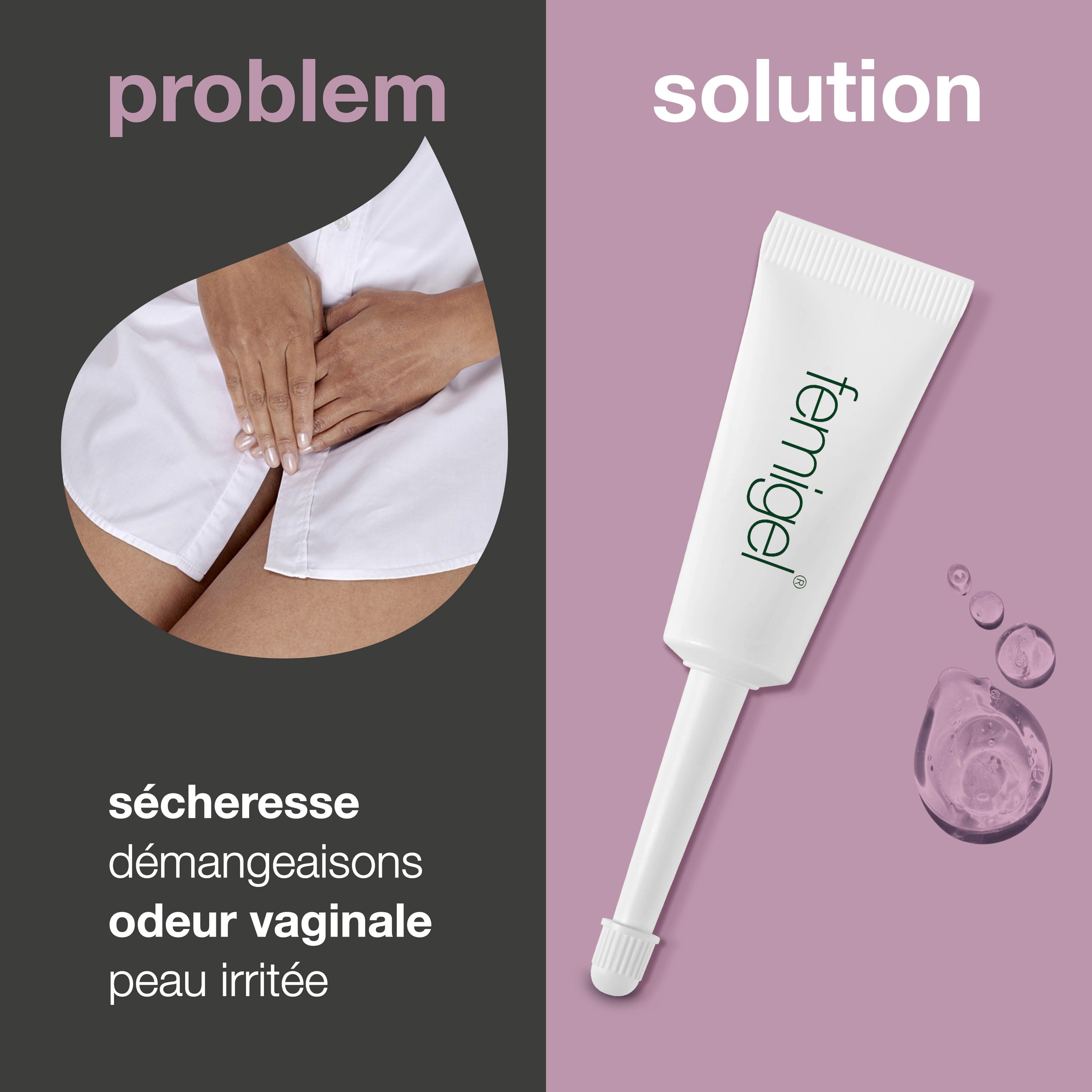 Concept problème-solution. Femme en sous-vêtements. Tube Femigel. Gouttes. Sécheresse vaginale, démangeaisons, odeur.