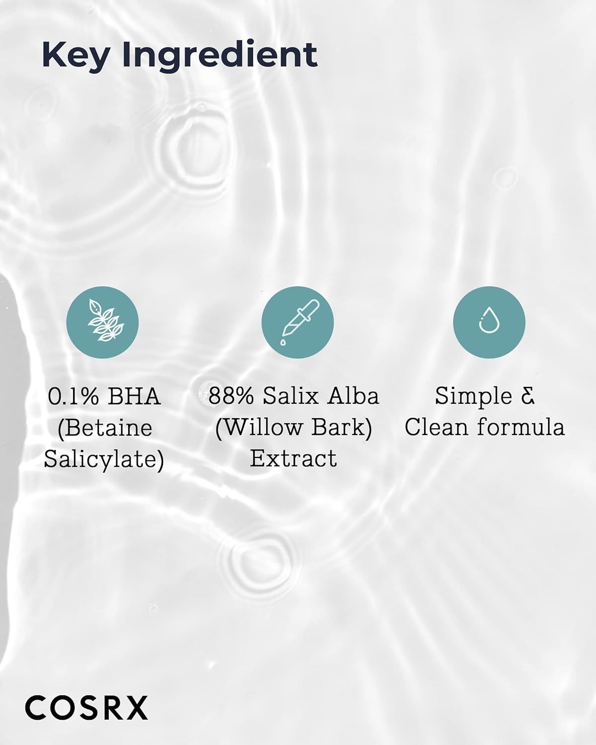 Logo COSRX avec trois icônes : 0,1% BHA, 88% extrait de Salix Alba et formule simple.