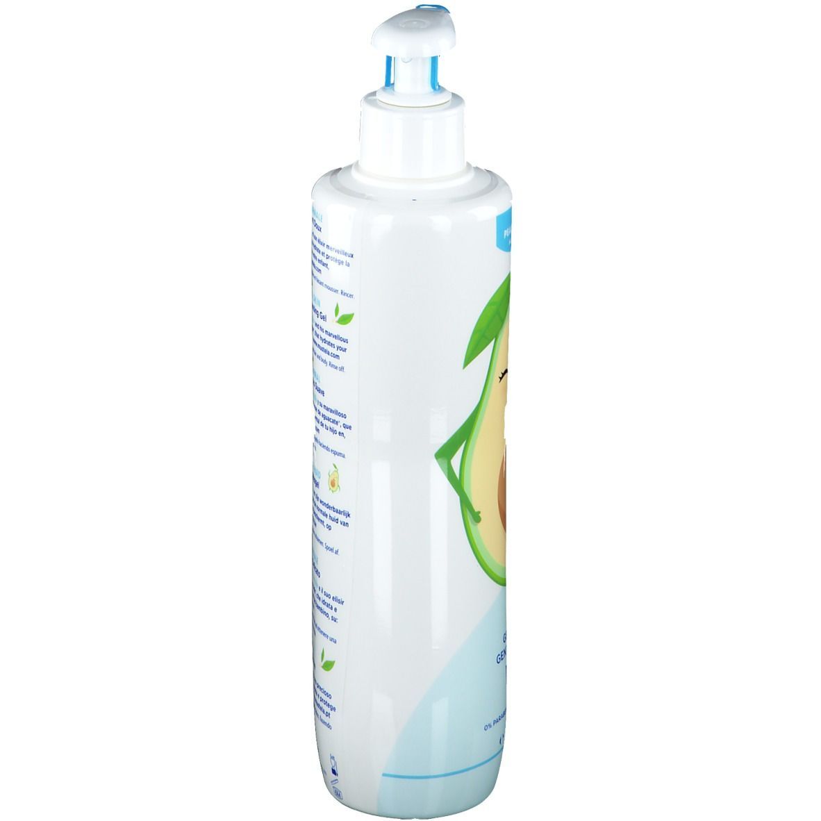 Flacon blanc avec pompe bleue. Illustration d'avocat. Texte: Mustela, Gel lavant doux. Inscription: 500 ml.