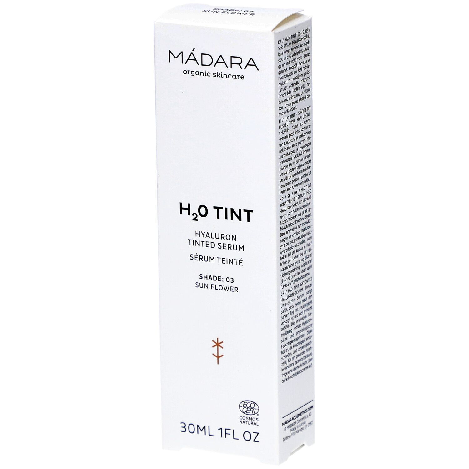 Emballage blanc avec informations produit. Inscription: MÁDARA, H2O TINT, Hyaluron Tinted Serum, Shade: 03 Sun Flower. 30ml 1FL OZ.