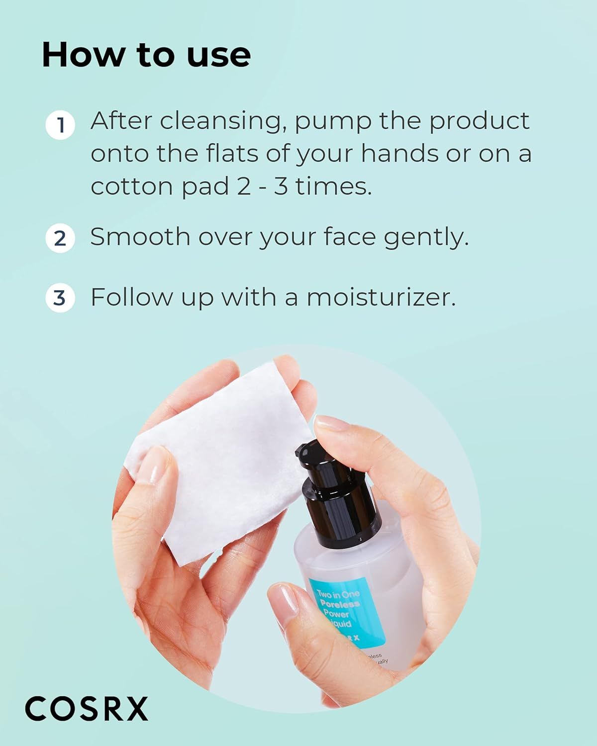 Instructions d'utilisation : pomper le produit sur les mains ou un coton, appliquer doucement.