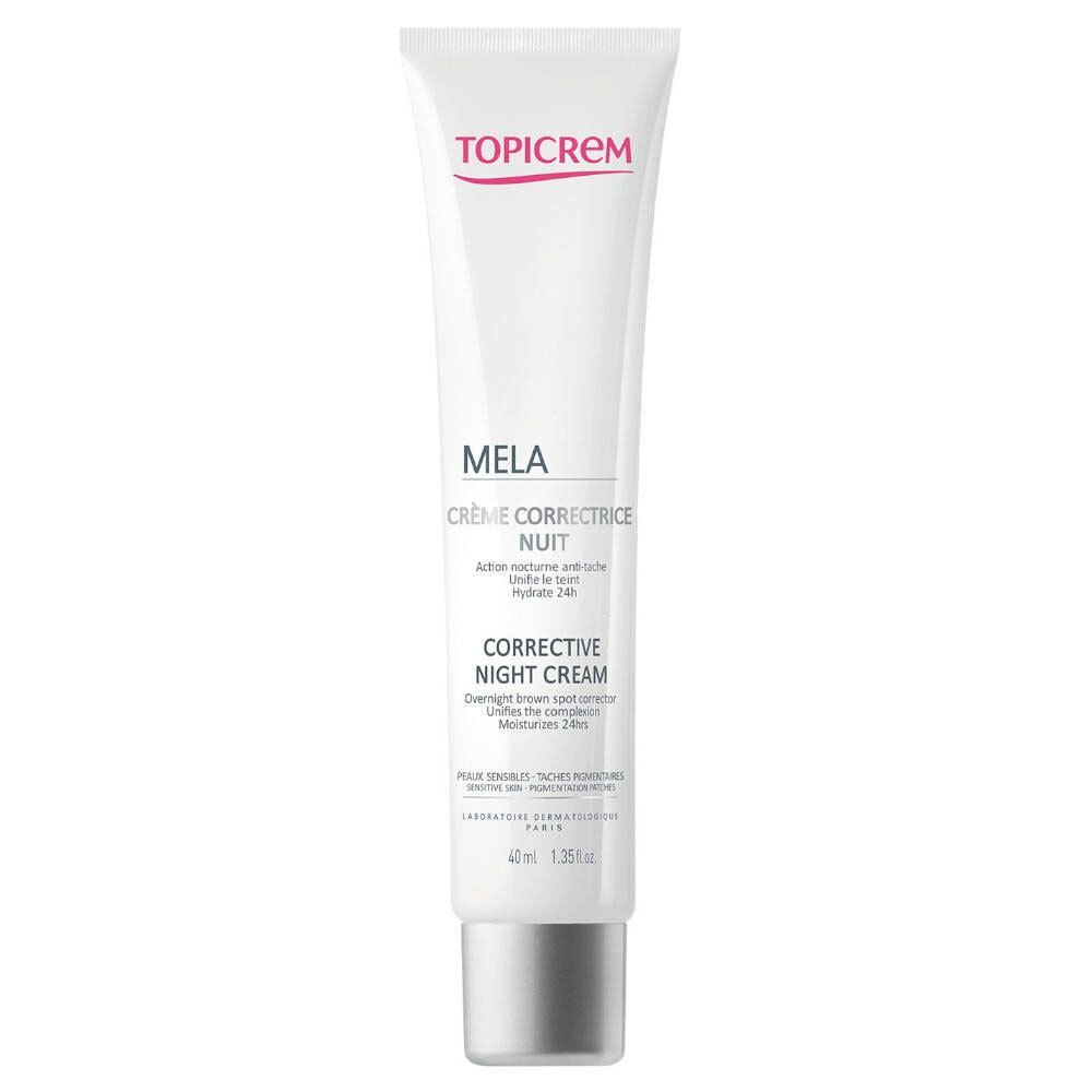 Tube blanche avec logo TOPICREM rouge. Inscription MELA, CRÈME CORRECTRICE NUIT, CORRECTIVE NIGHT CREAM. Bouchon argenté.