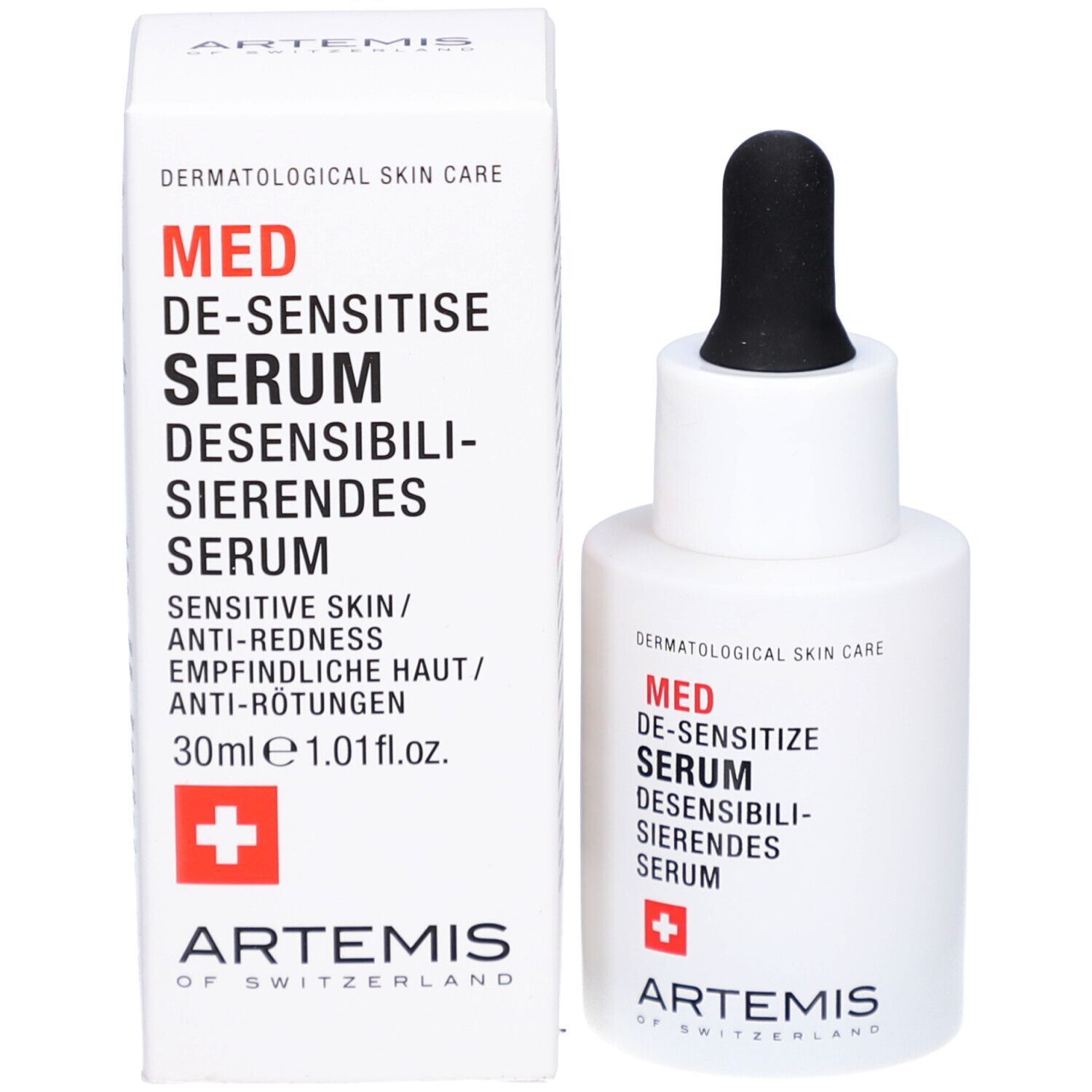 Flacon et boîte blancs. Inscription: MED DE-SENSITIZE SERUM. Croix rouge et ARTEMIS. 30ml.