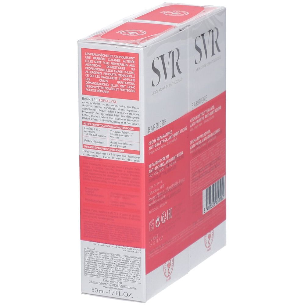 Duopack SVR Barrière Topialyse, vue oblique. Emballage blanc et rouge. Nom du produit et logo visibles. Texte multilingue.