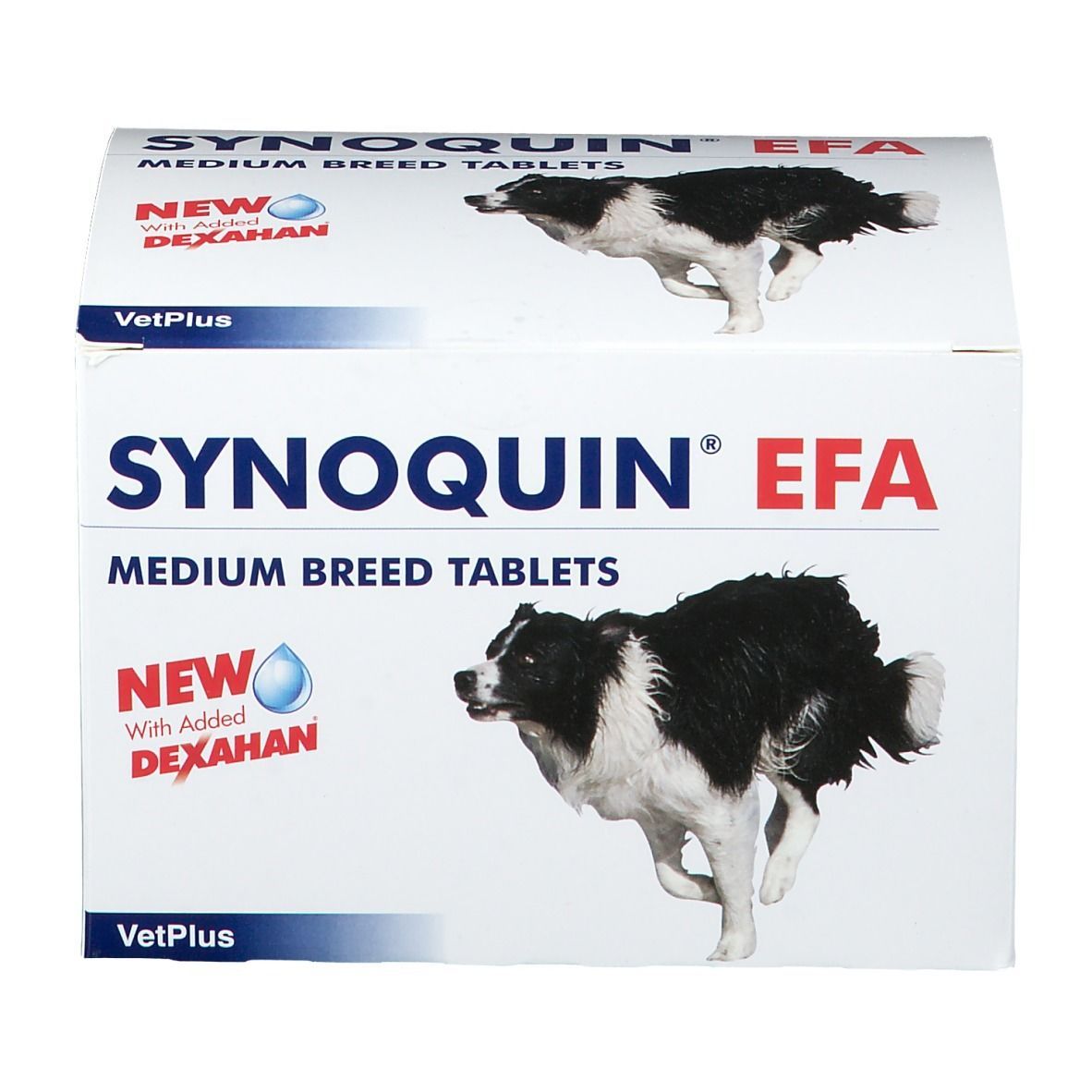Boîte blanche avec nom du produit et images de chiens. Inscription : Synoquin EFA Medium Breed Tablets.