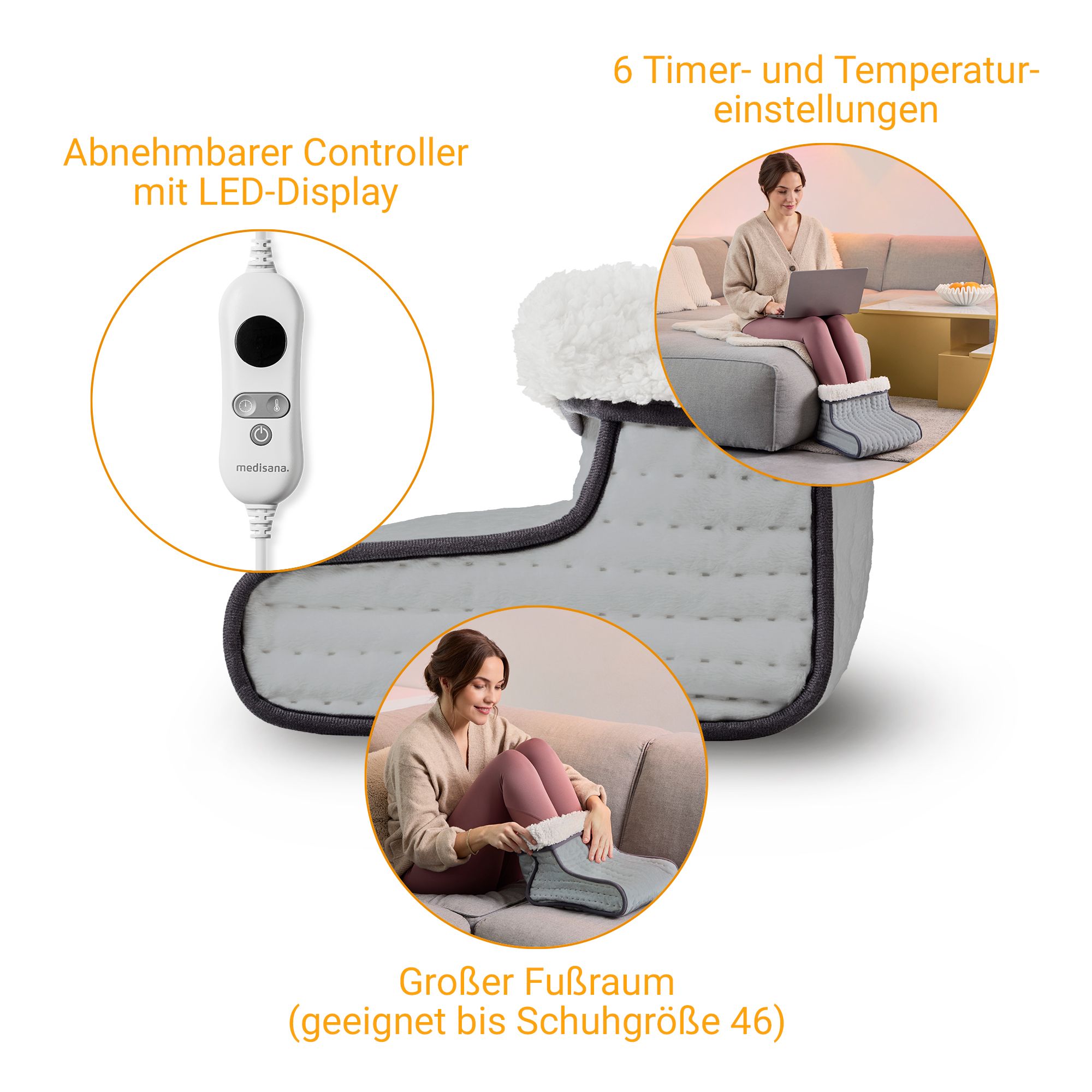 Chauffe-pieds gris avec doublure intérieure blanche et panneau de commande. Texte : Contrôleur amovible avec écran LED, 6 réglages de minuterie et de température, Grand espace pour les pieds.