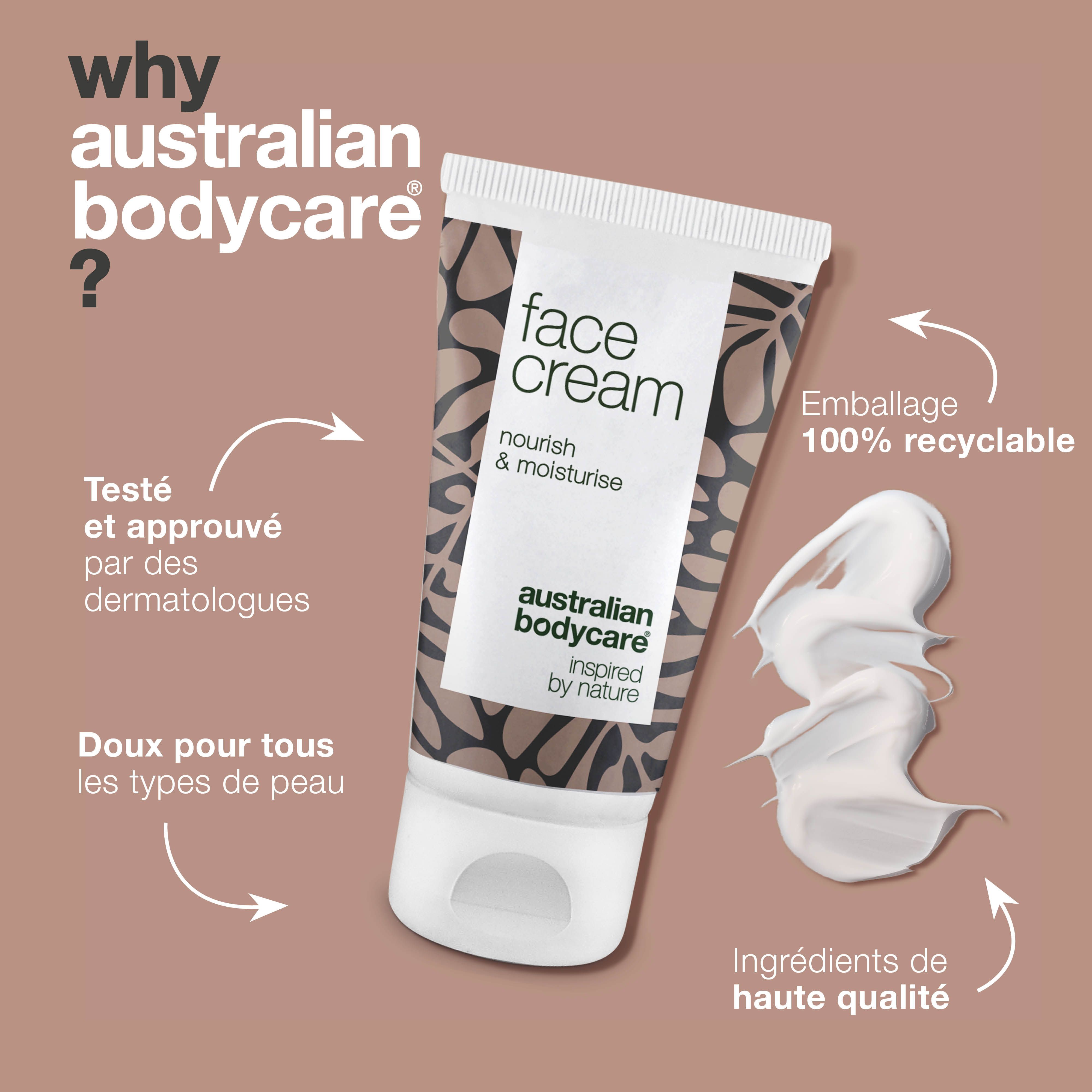Tube de crème pour le visage et goutte de crème. Texte : Why australian bodycare ? Emballage 100% recyclable.