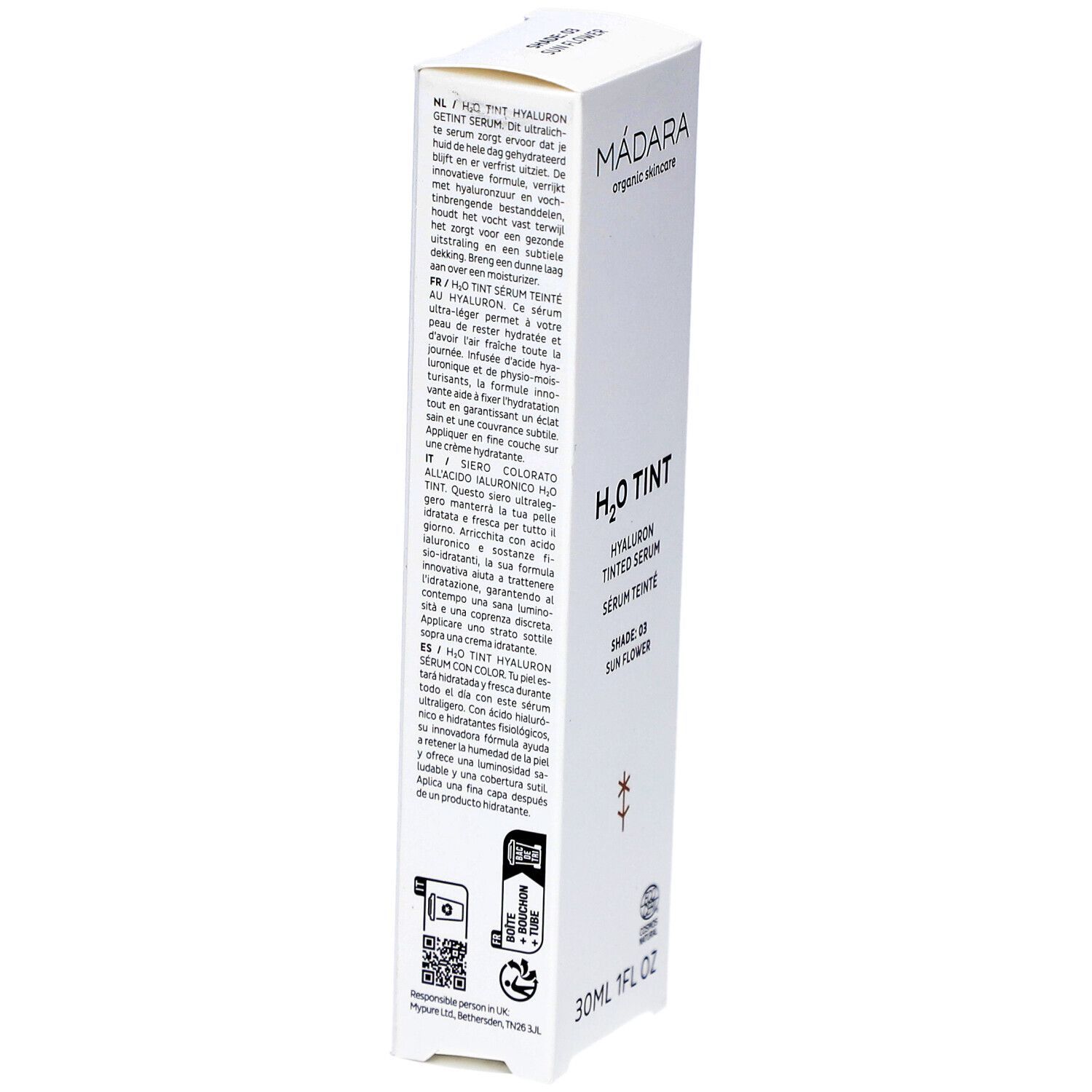 Emballage blanc avec texte. Dos avec informations produit en plusieurs langues. En bas: 30ml 1FL OZ. Avec certifications.
