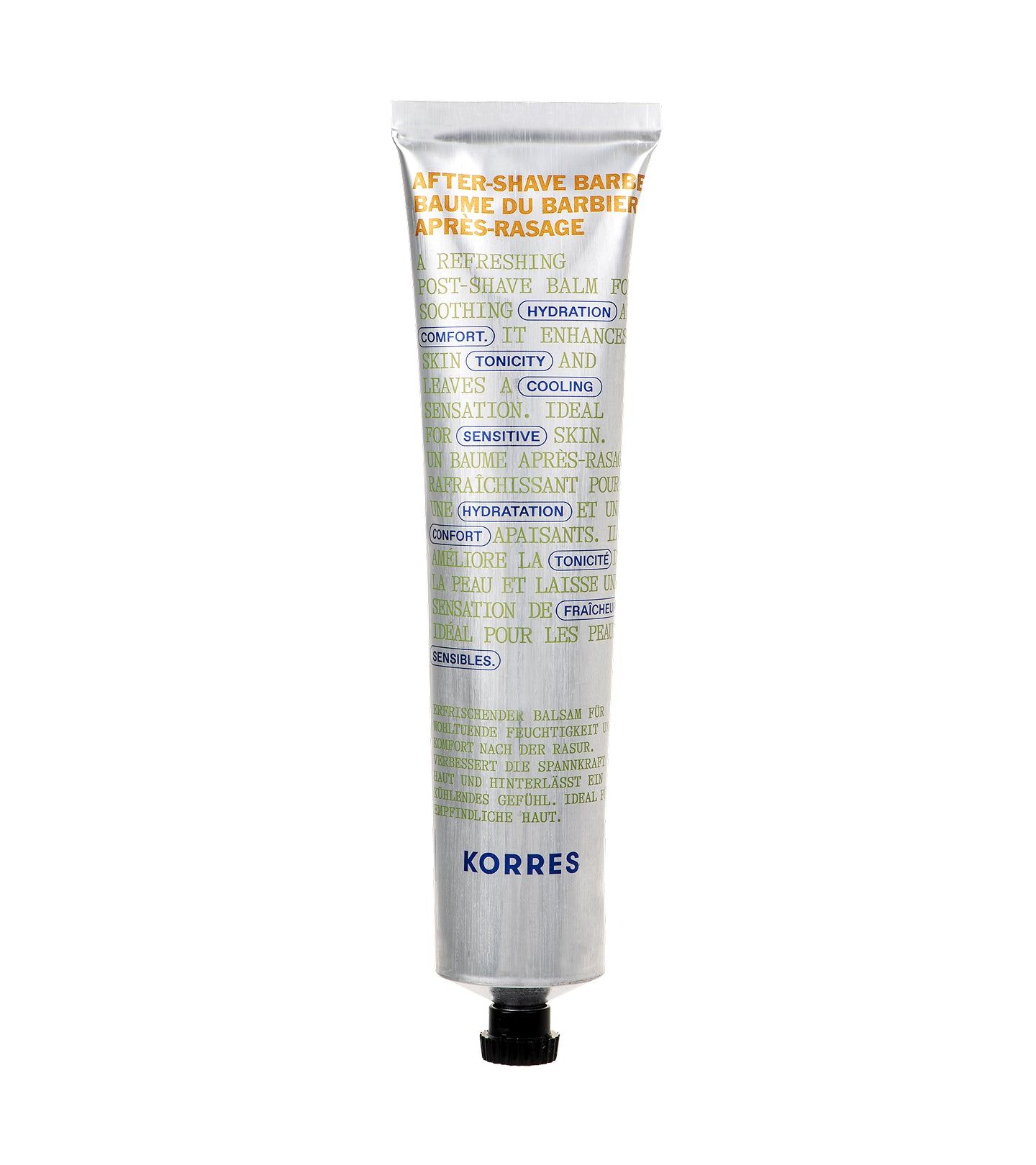 Tube de baume après-rasage argenté. Texte : KORRES, After-Shave Balm. Bouchon noir.