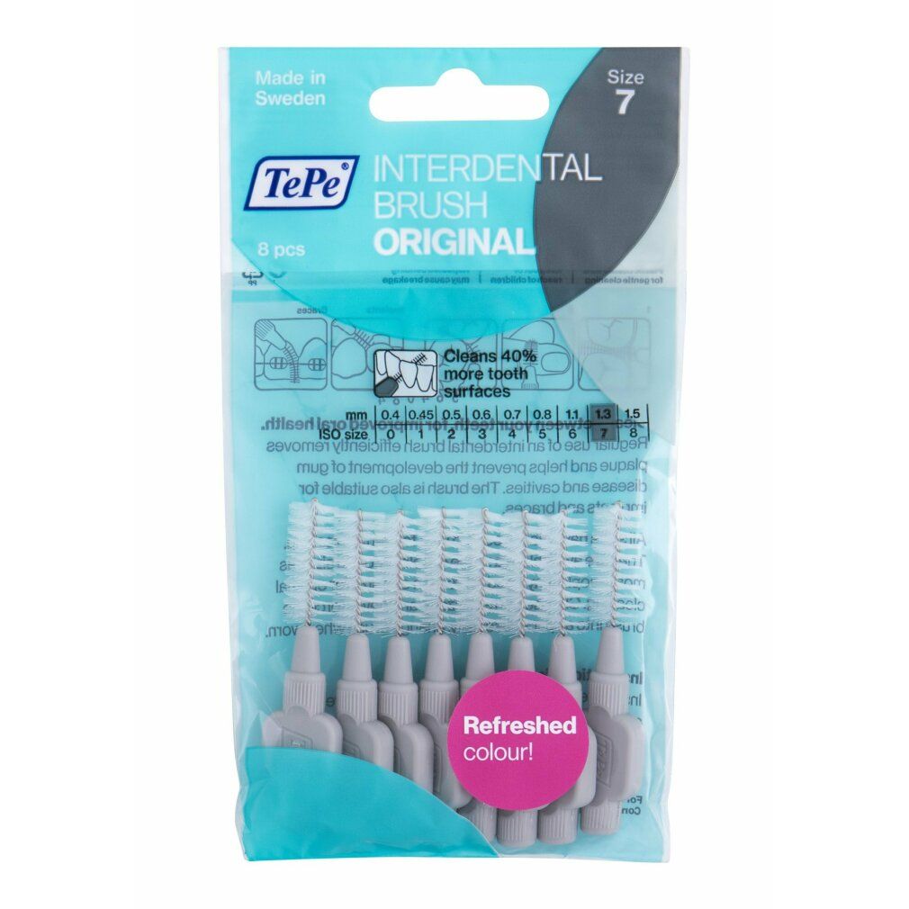 Paquet de 8 brossettes interdentaires TePe, taille 7, gris. Emballage avec informations et schémas du produit.