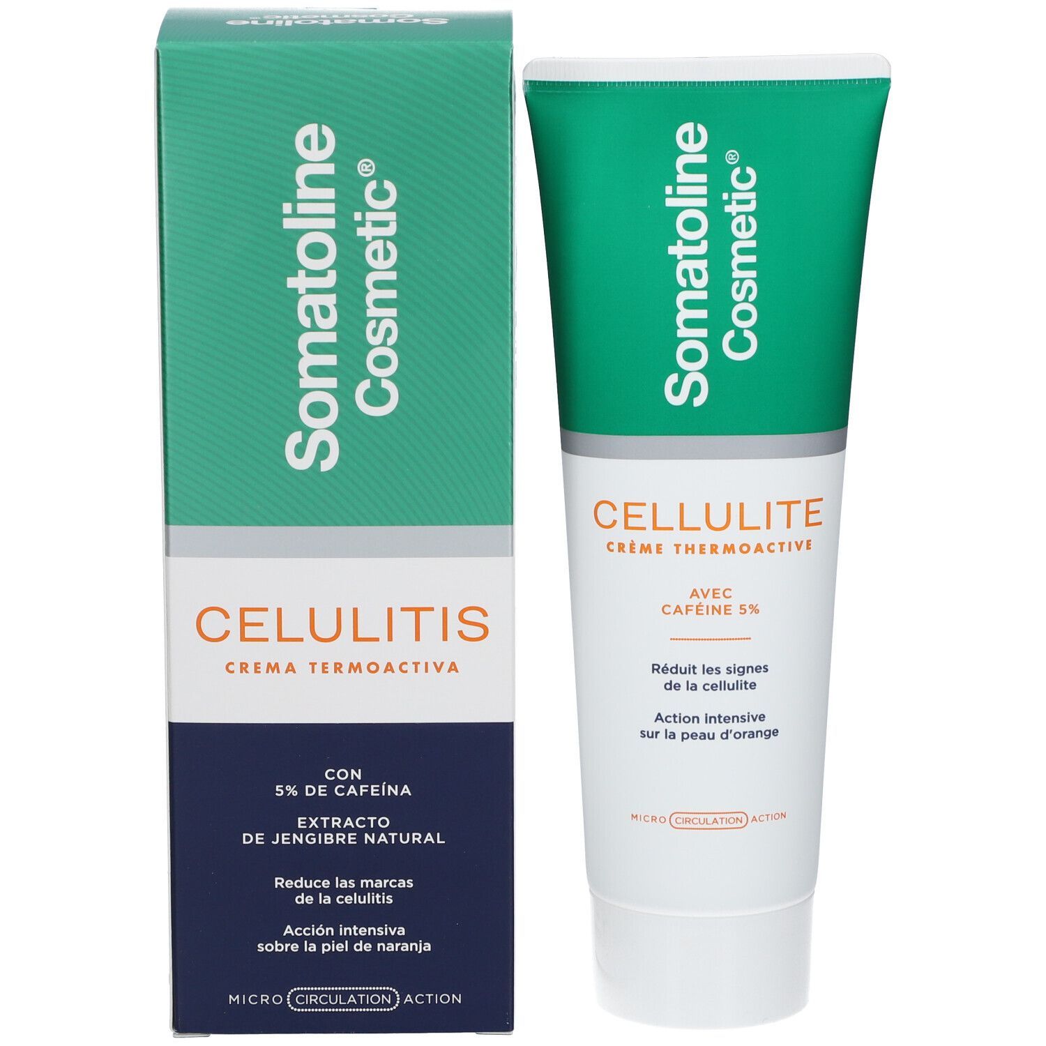 Emballage du produit : tube et boîte. Inscription Somatoline Cosmetic et CELLULITIS. Contient 5% de caféine.