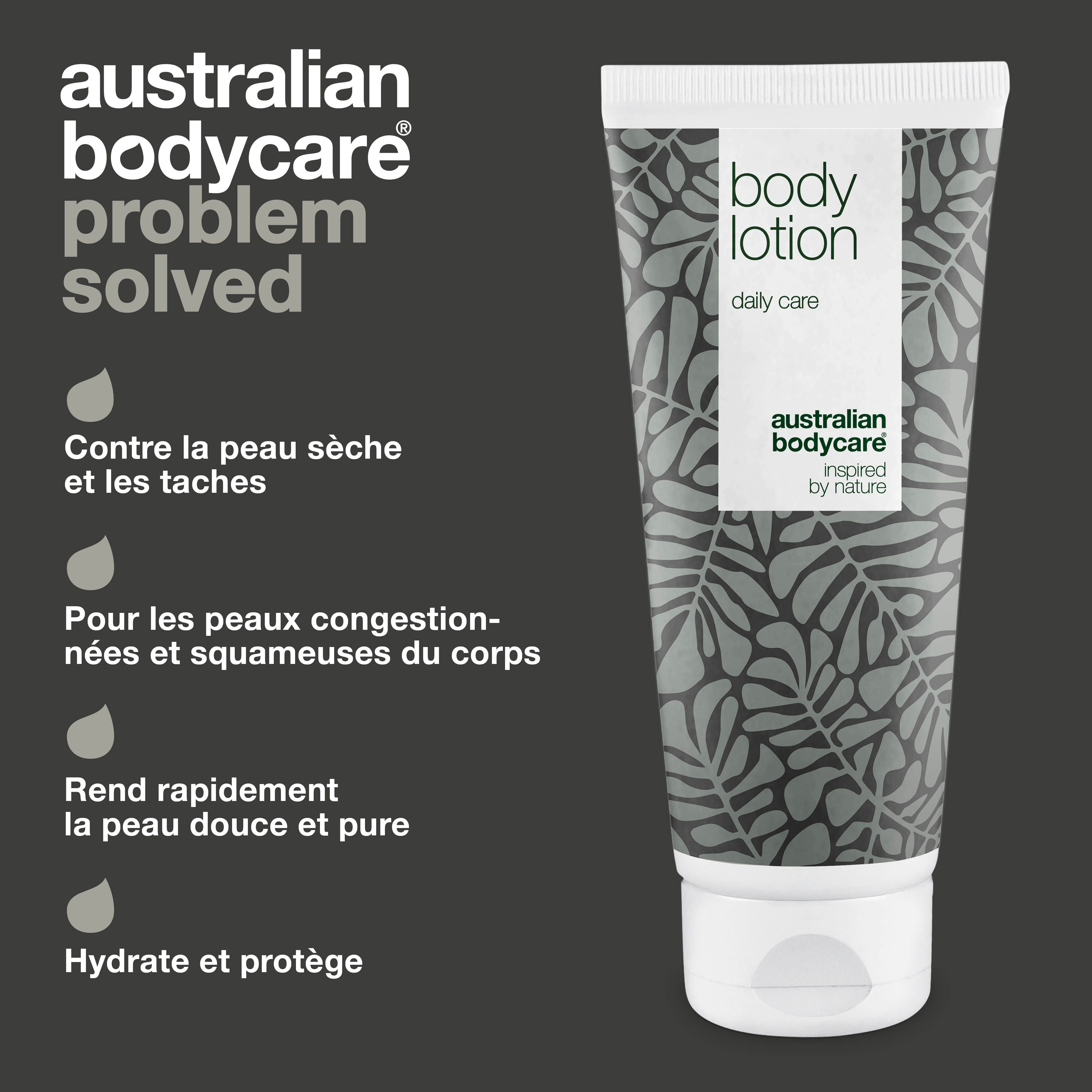 Produit en tube avec motif floral et texte: body lotion, australian bodycare. Texte et citation.