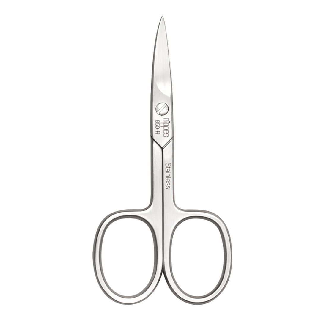 Ciseaux à ongles en acier inoxydable. Avec des poignées arrondies et une pointe effilée. Inscription : nippes, 650-R, Stainless.