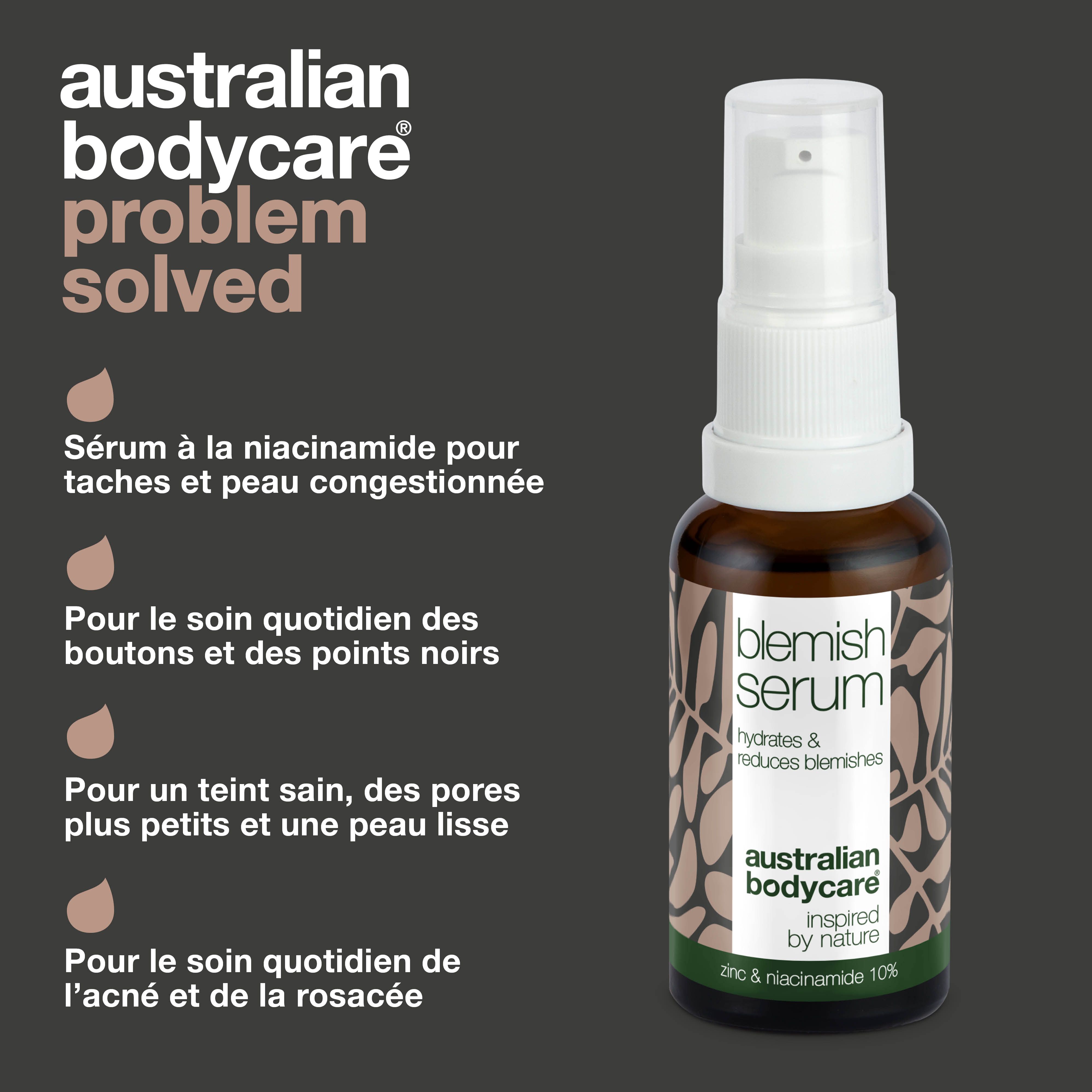 Image avec texte et flacon : Blemish Serum. Texte : Sérum à la niacinamide pour les taches.
