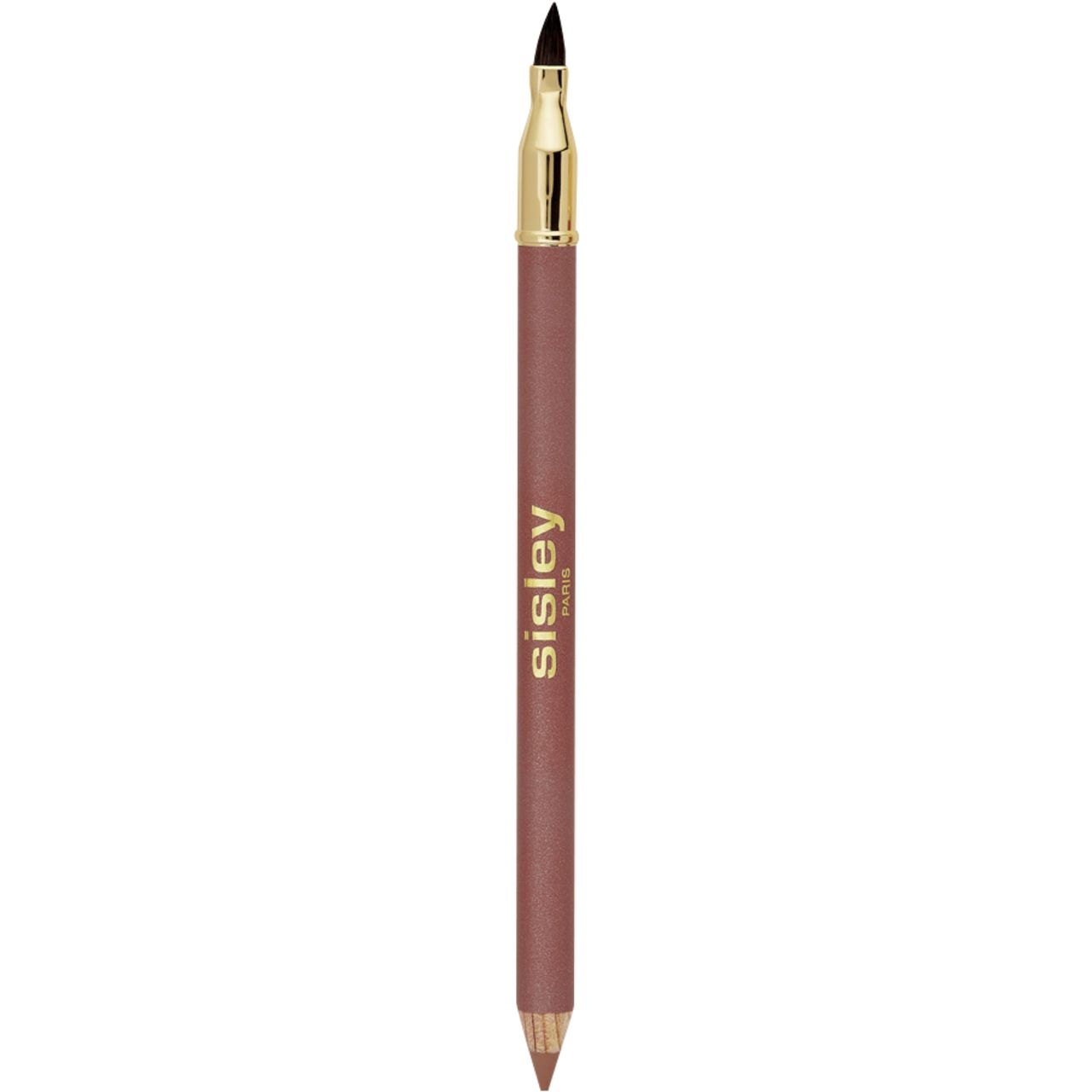 Crayon à lèvres Sisley Phyto-Lèvres Perfect. Crayon rose avec capuchon doré et pinceau. Sur fond blanc.
