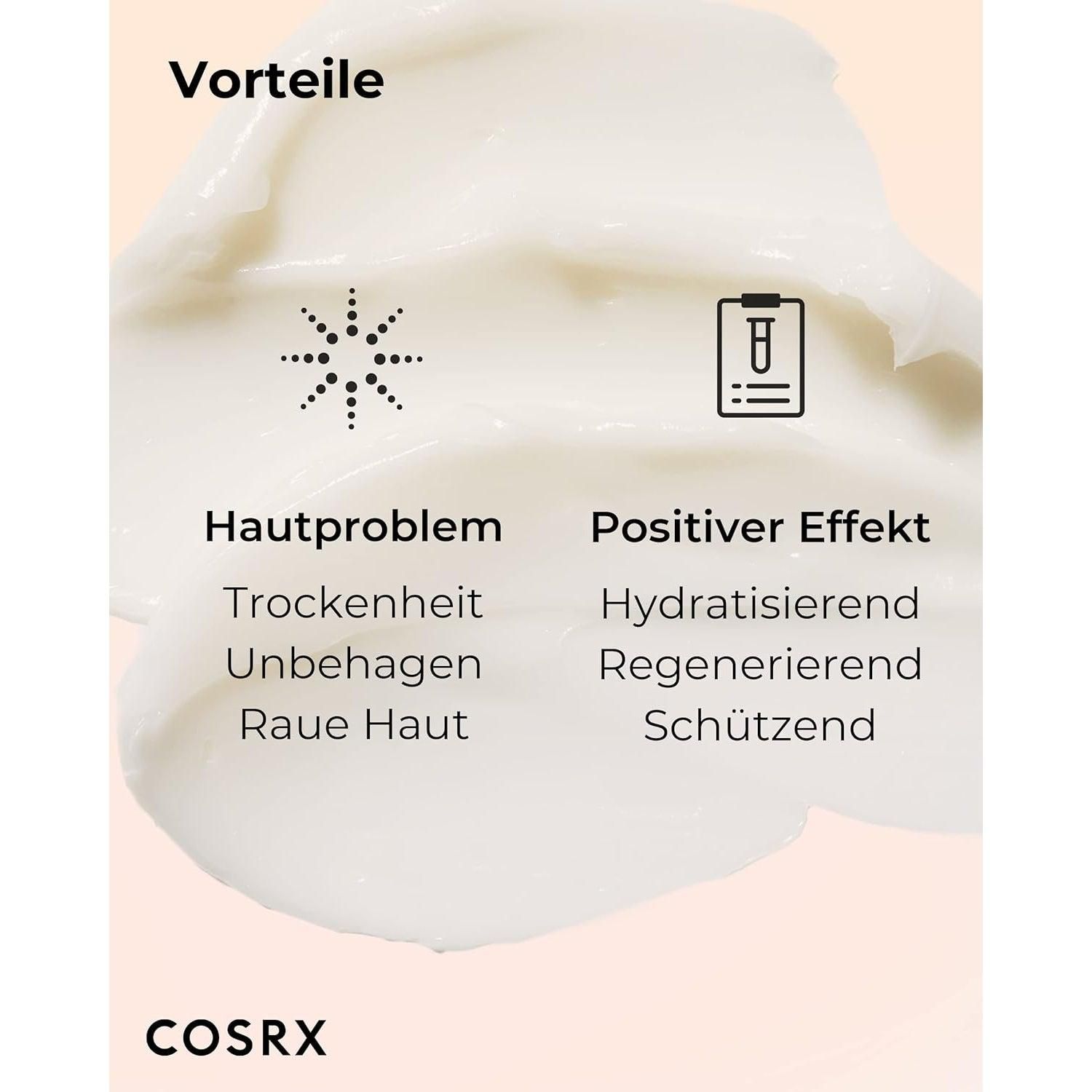 Texture crémeuse avec icônes pour problème de peau et effet positif.