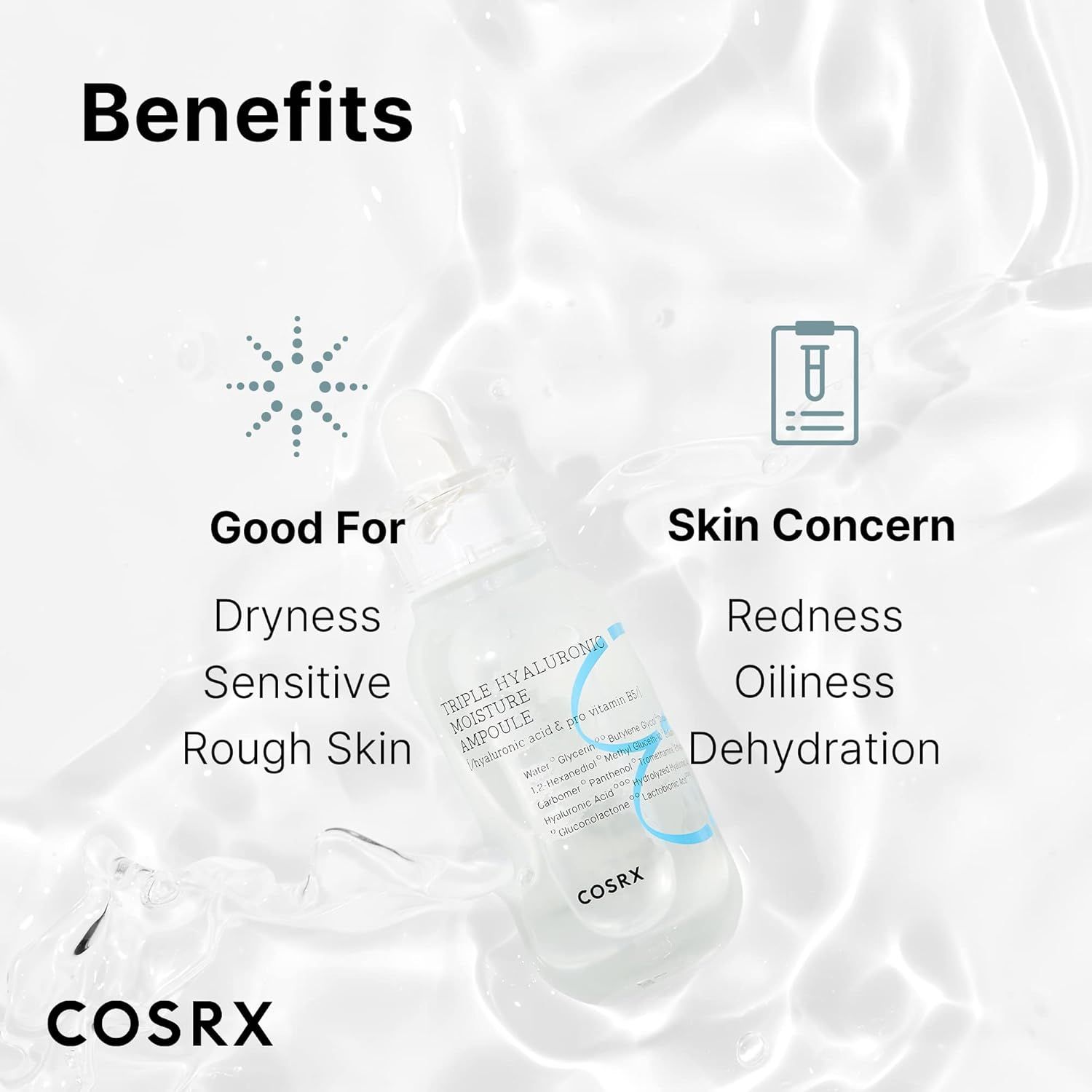 Avantages de l'ampoule d'hydratation triple hyaluronique COSRX : Bon pour la sécheresse, les rougeurs.