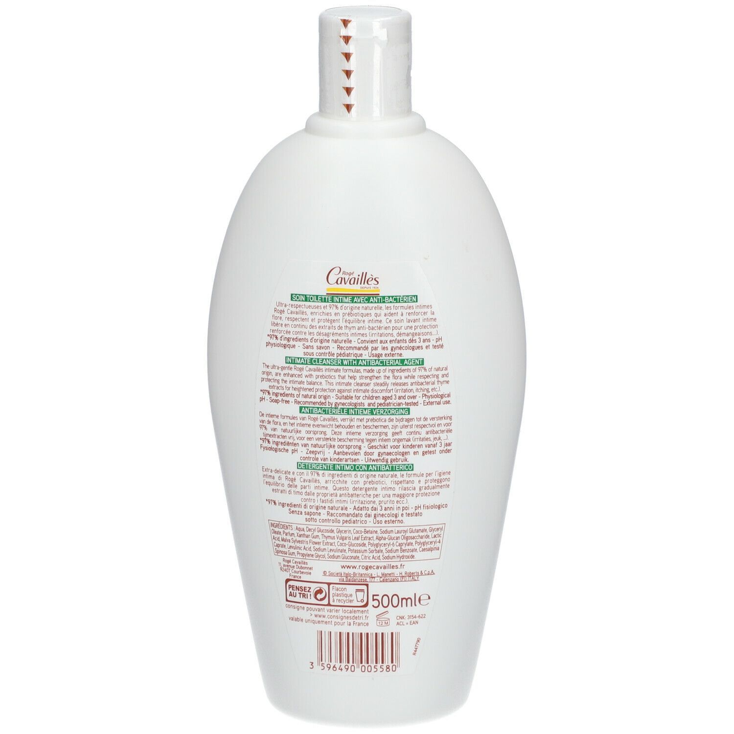 Dos d'un flacon blanc. Texte: Rogé Cavaillès, soin lavant intime avec agents antibactériens. Ingrédients, mode d'emploi.
