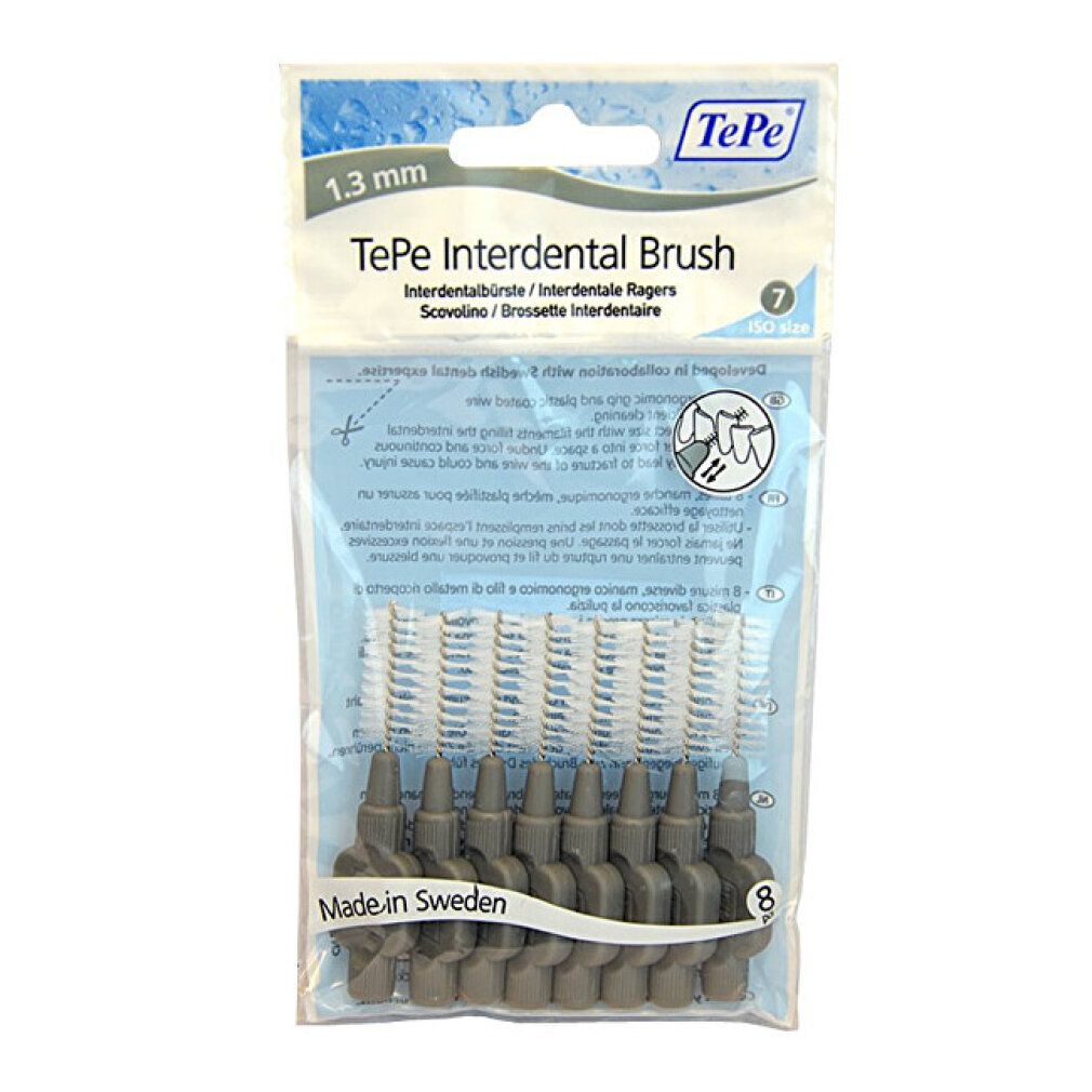 Paquet de 8 brossettes interdentaires TePe grises. Taille 1,3 mm. Texte: "Brossette Interdentaire".