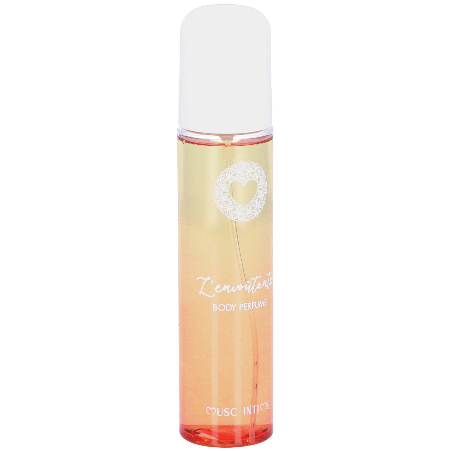 Parfum corporel dans un vaporisateur cylindrique avec bouchon blanc. Dégradé de jaune à orange.