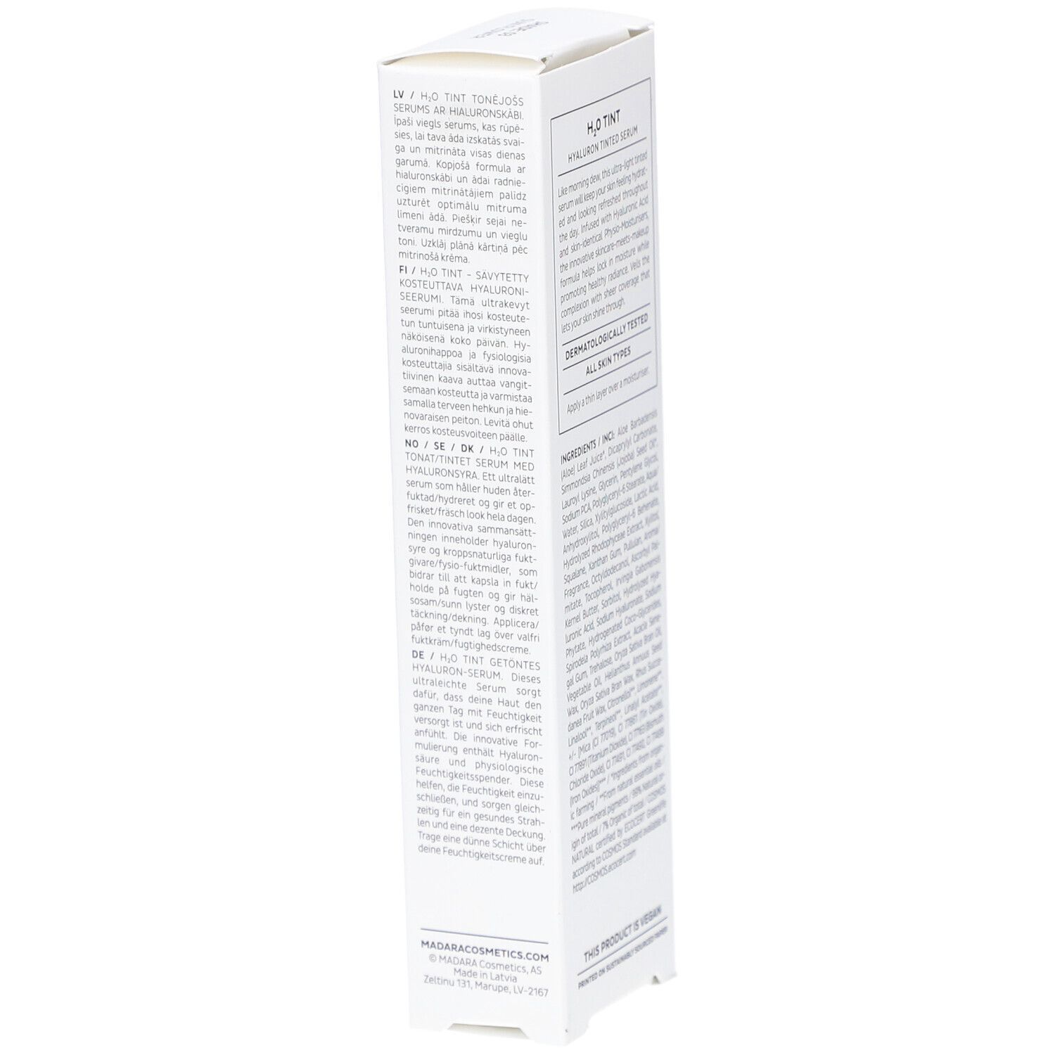 Emballage blanc avec texte. Dos avec informations produit en plusieurs langues. En bas: 30ml 1FL OZ. Avec certifications.