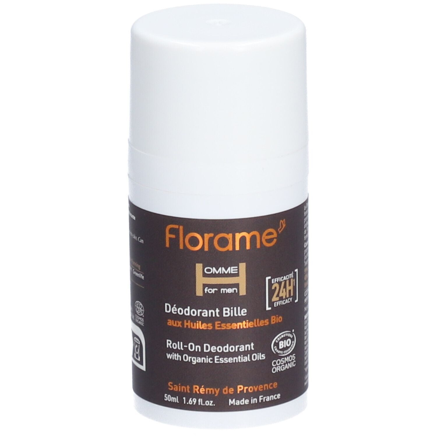 Déodorant roll-on pour homme. Flacon blanc avec étiquette marron. Inscriptions : Florame, HOMME, 24h, certification Bio.