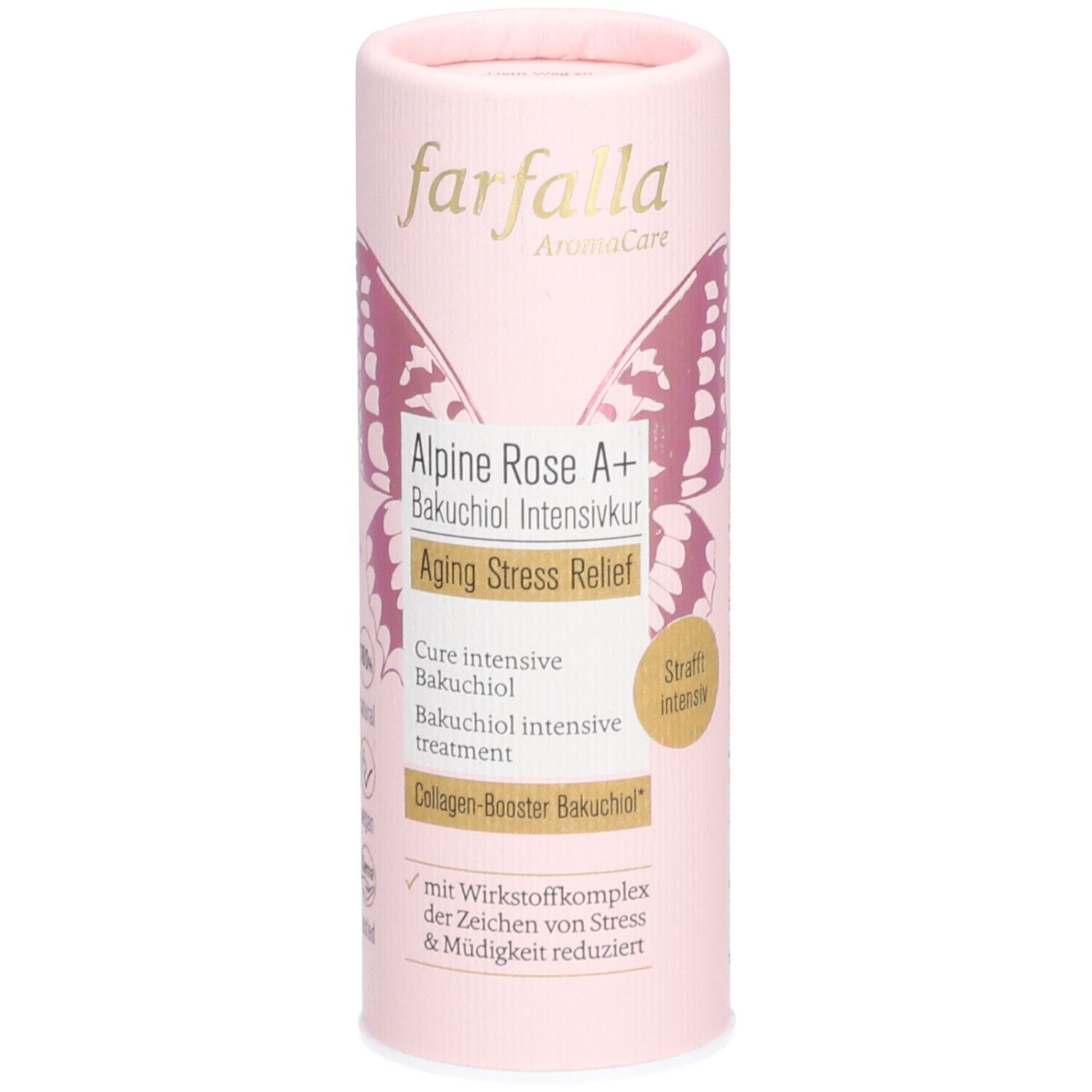 Emballage cylindrique rose avec nom du produit et motif papillon. Contient "Alpine Rose A+" et "Aging Stress Relief".