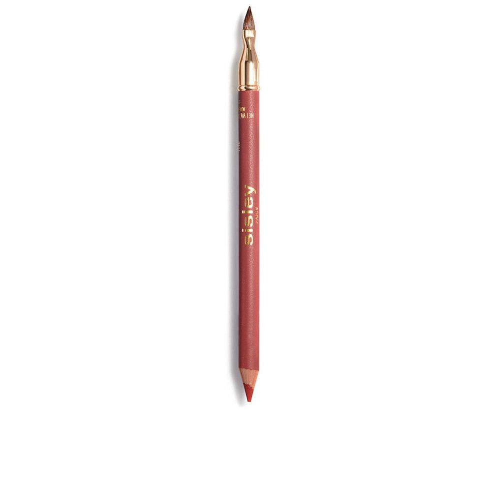 Crayon à lèvres Sisley Phyto-Lèvres Perfect. Crayon rose avec capuchon doré et pinceau. Sur fond blanc.