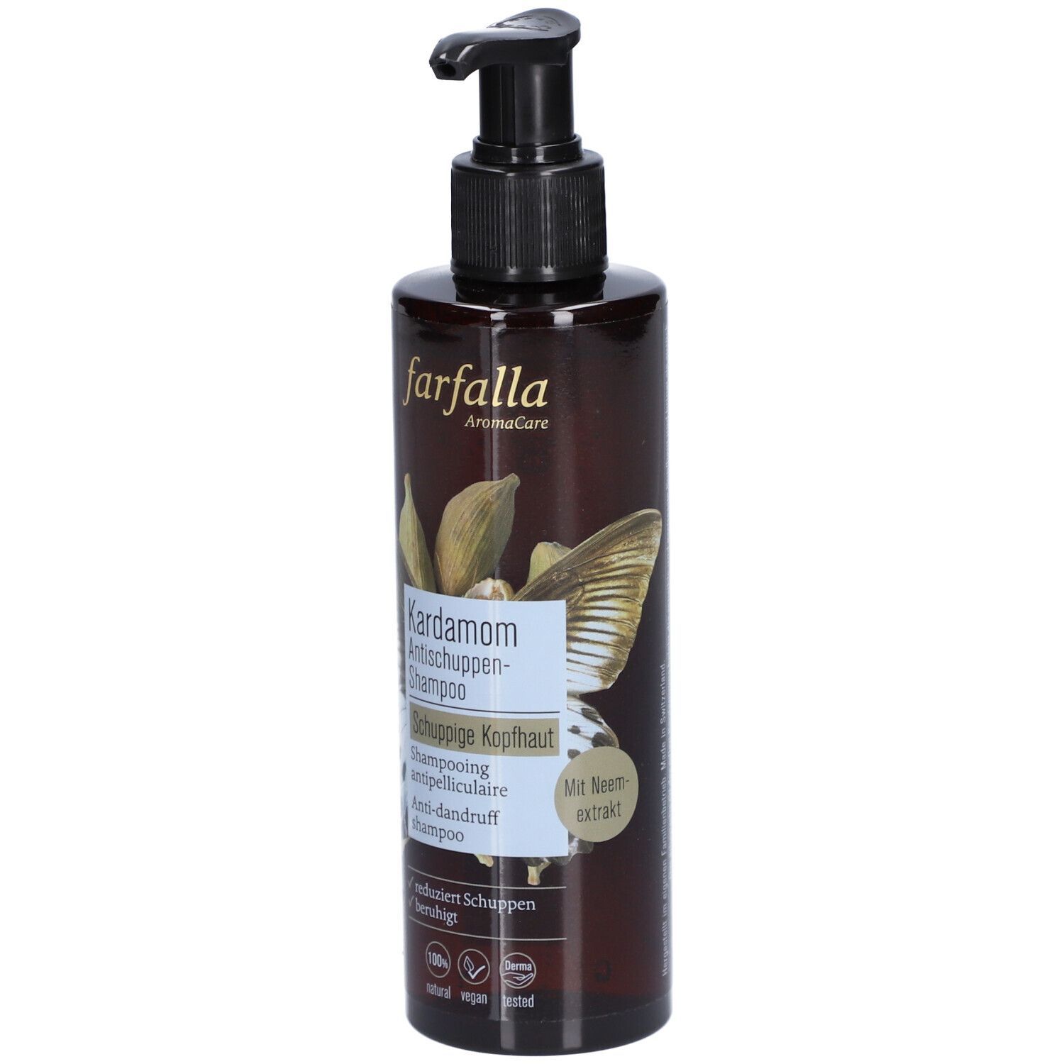 Flacon marron avec pompe noire. Inscription : Kardamom Antischuppen-Shampoo. Avec extrait de neem.
