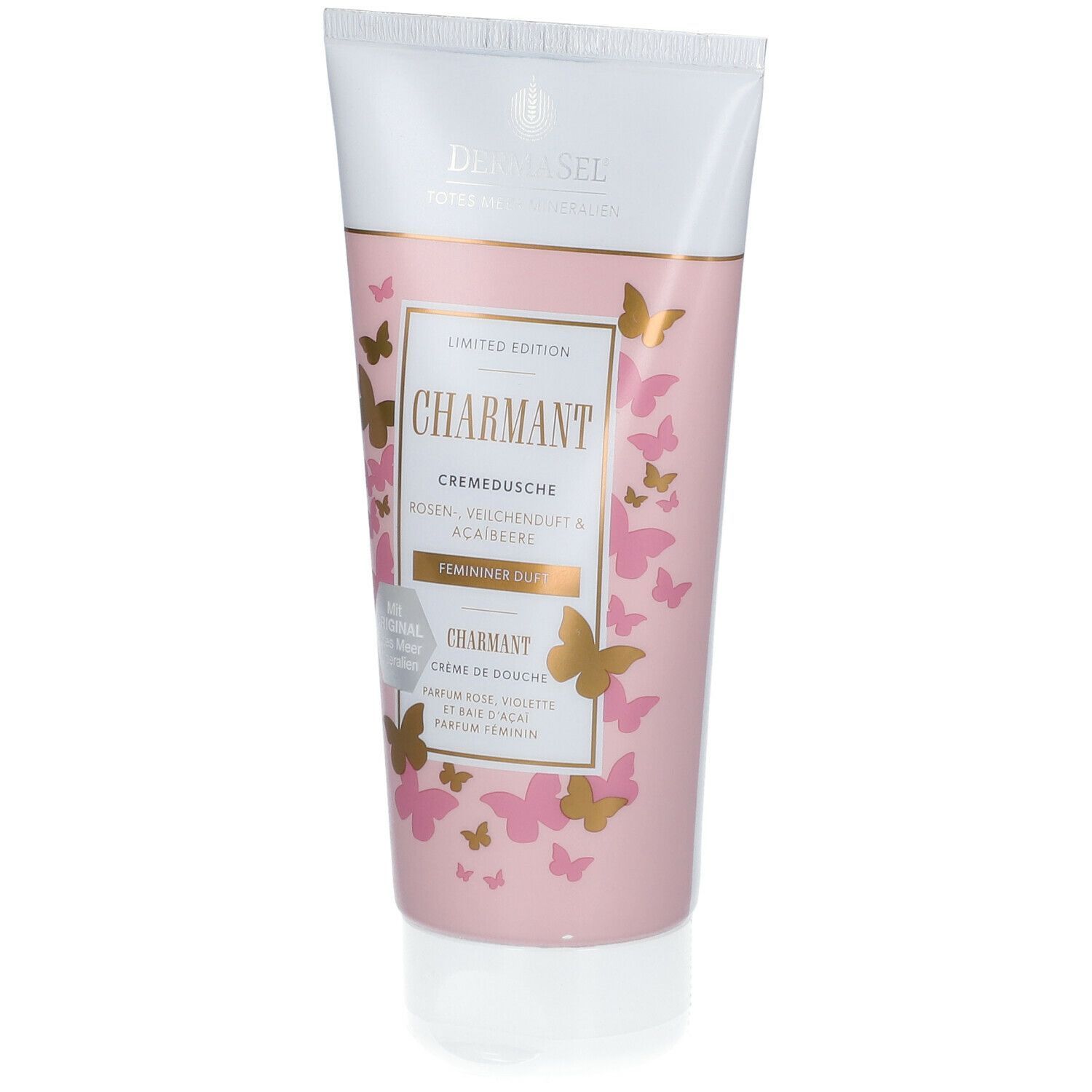 Tube rose avec papillons dorés et inscription CHARMANT. Crème de douche, édition limitée.